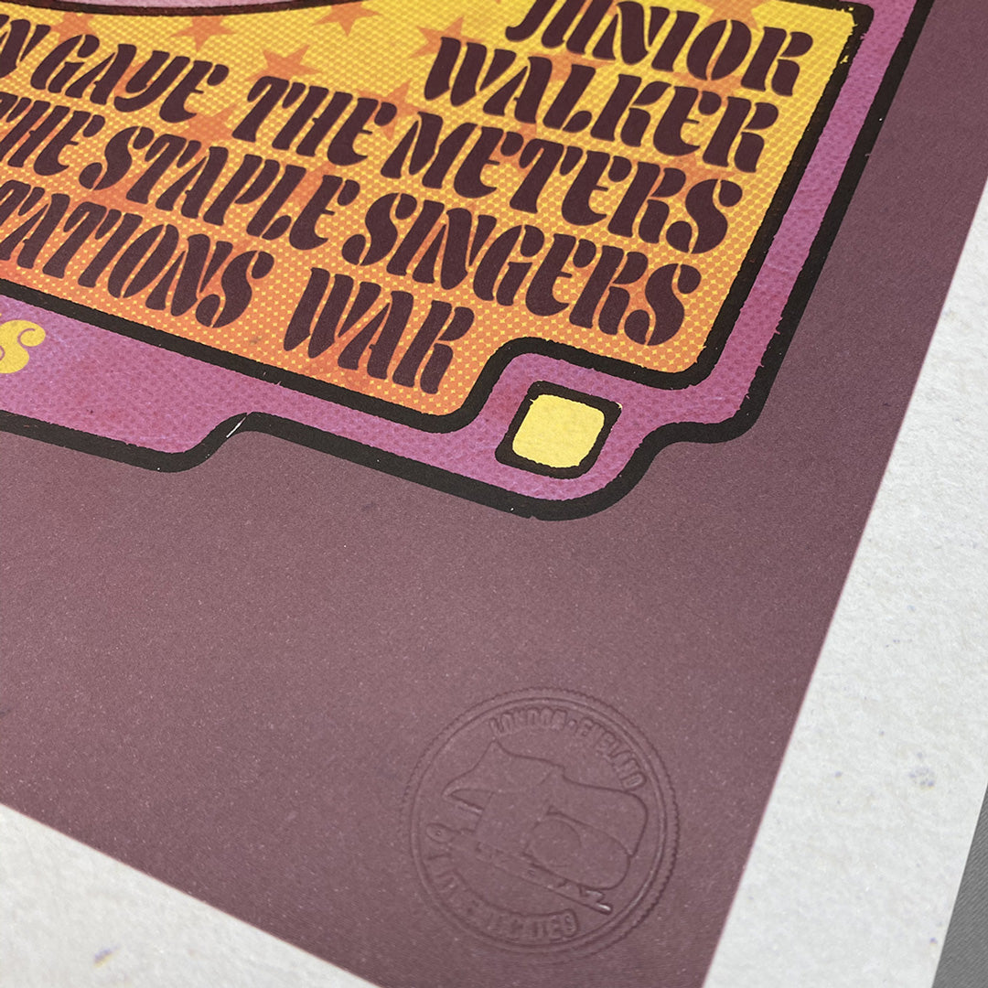 A vibrant, retro Rainbow Soul Poster Print from My Store, limited to just 100 editions, features bold yellow and orange band names and a guitar logo on the purple border—perfect for music fans and collectors.
