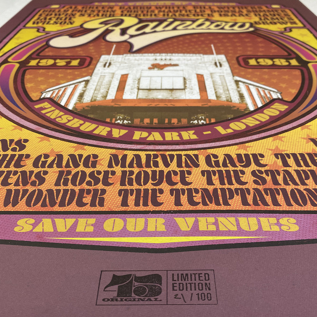The Rainbow Soul Poster Print by My Store showcases “Rainbow” and “Finsbury Park - London” with vibrant art, wavy band names, a venue illustration, and a “Limited Edition of Only 100” label.