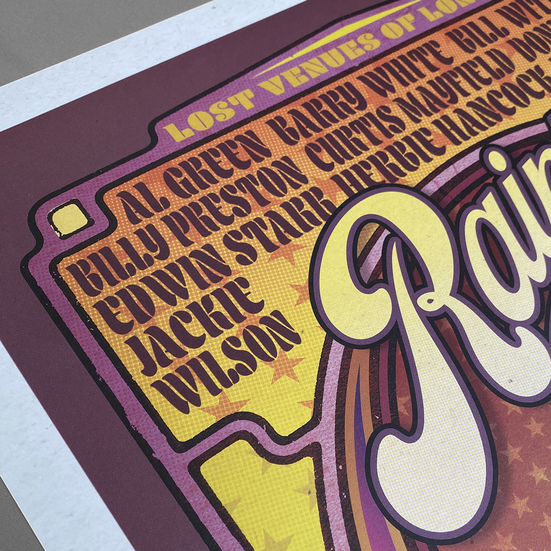 The Rainbow Soul Poster Print - Limited Edition of Only 100 from My Store features a vibrant design with musicians like Al Green and Barry White, celebrating the iconic Rainbow Theatre.