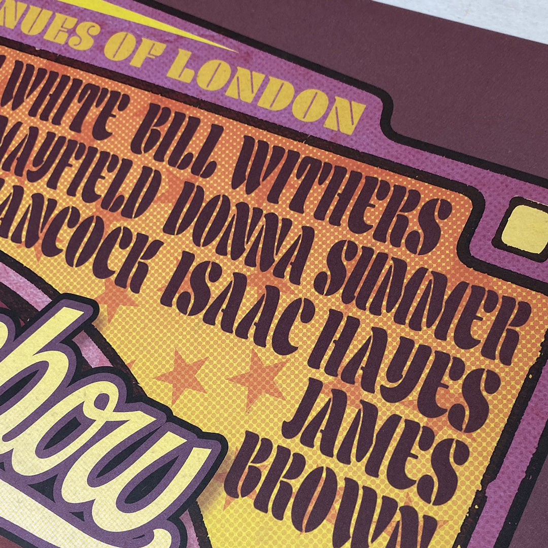 A close-up of the Rainbow Soul Poster Print – Limited Edition of Only 100 from My Store, featuring bold vintage maroon and yellow lettering, star accents, and musical legends like Bill Withers and Donna Summer.
