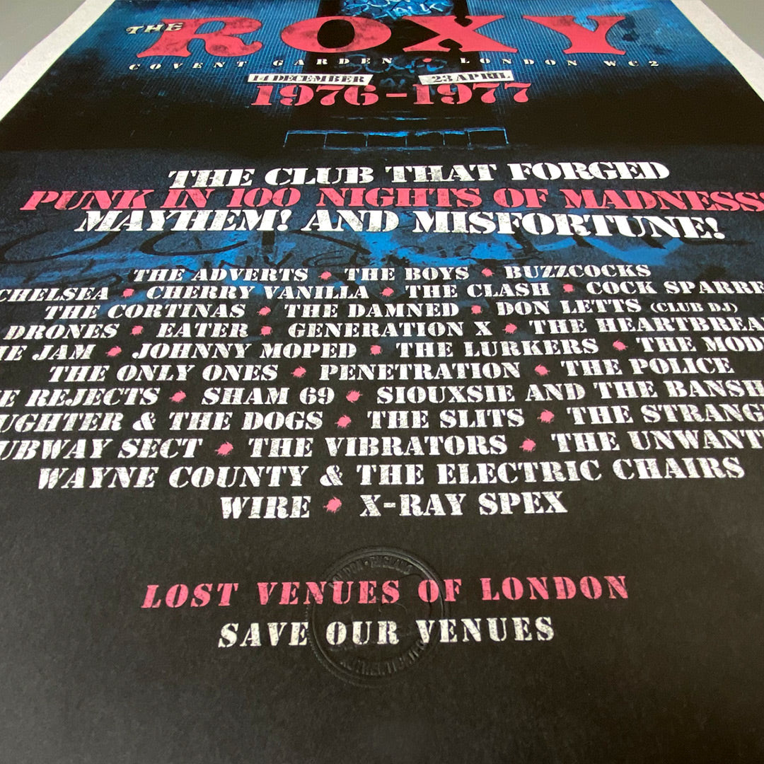 The Roxy Club Poster Print by My Store, limited to 100 copies, showcases colorful punk band names and features Lost Venues of London – Save Our Venues at the bottom.