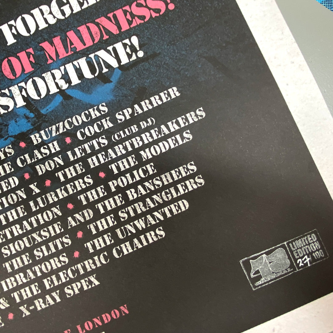 Close-up of My Stores Roxy Club Poster Print, a vintage-style concert poster listing punk bands like Buzzcocks, The Clash, and The Police. This limited edition piece is hand-numbered “23/100” in the lower right corner.