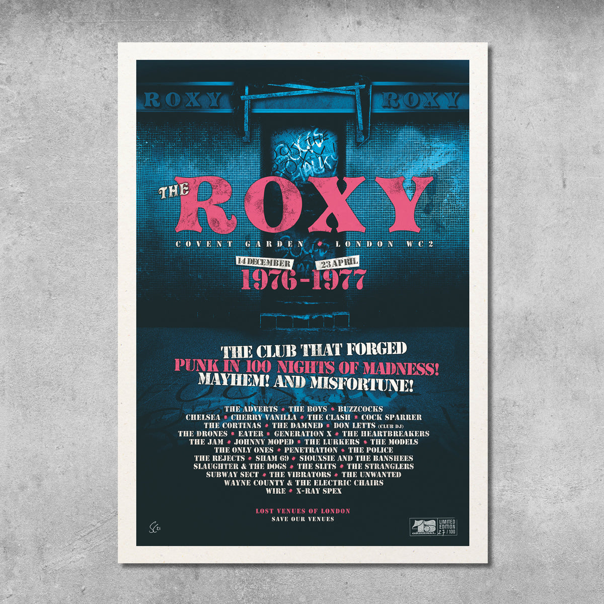 Celebrate punk history with the Roxy Club Poster Print - Limited Edition of Only 100 by My Store. This blue and pink print features bold text and band names, marking legendary 1976-77 concerts at London’s iconic venue.