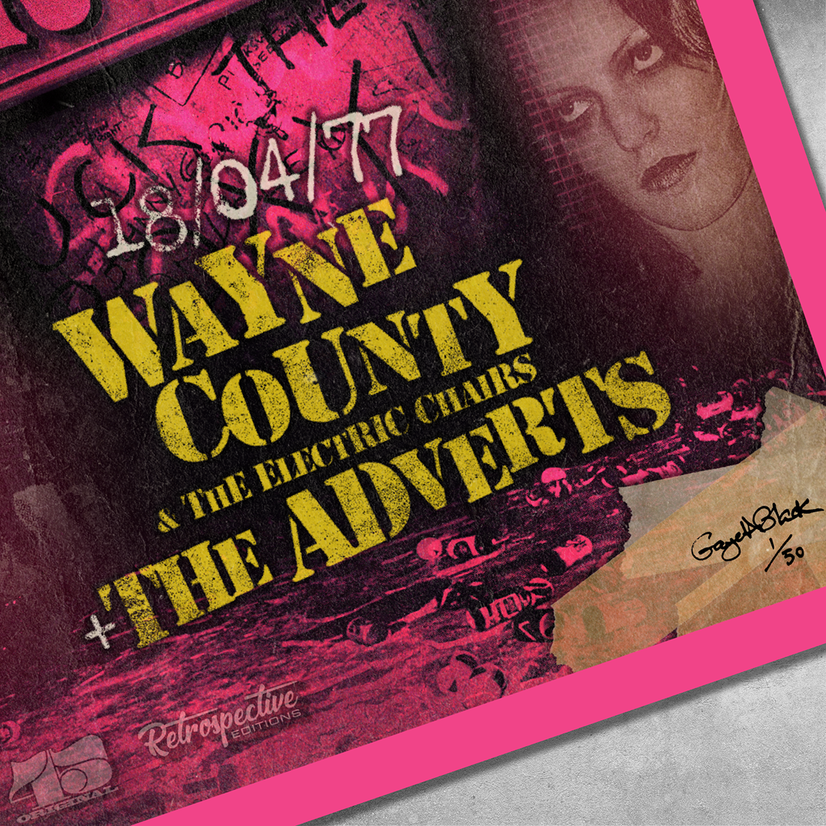 The Adverts / Wayne County - Roxy Club On This Night Poster Print by 45 Original features distressed yellow text and a partial face. Limited edition of only 50, each signed by Gaye Black—ideal for art and music fans.