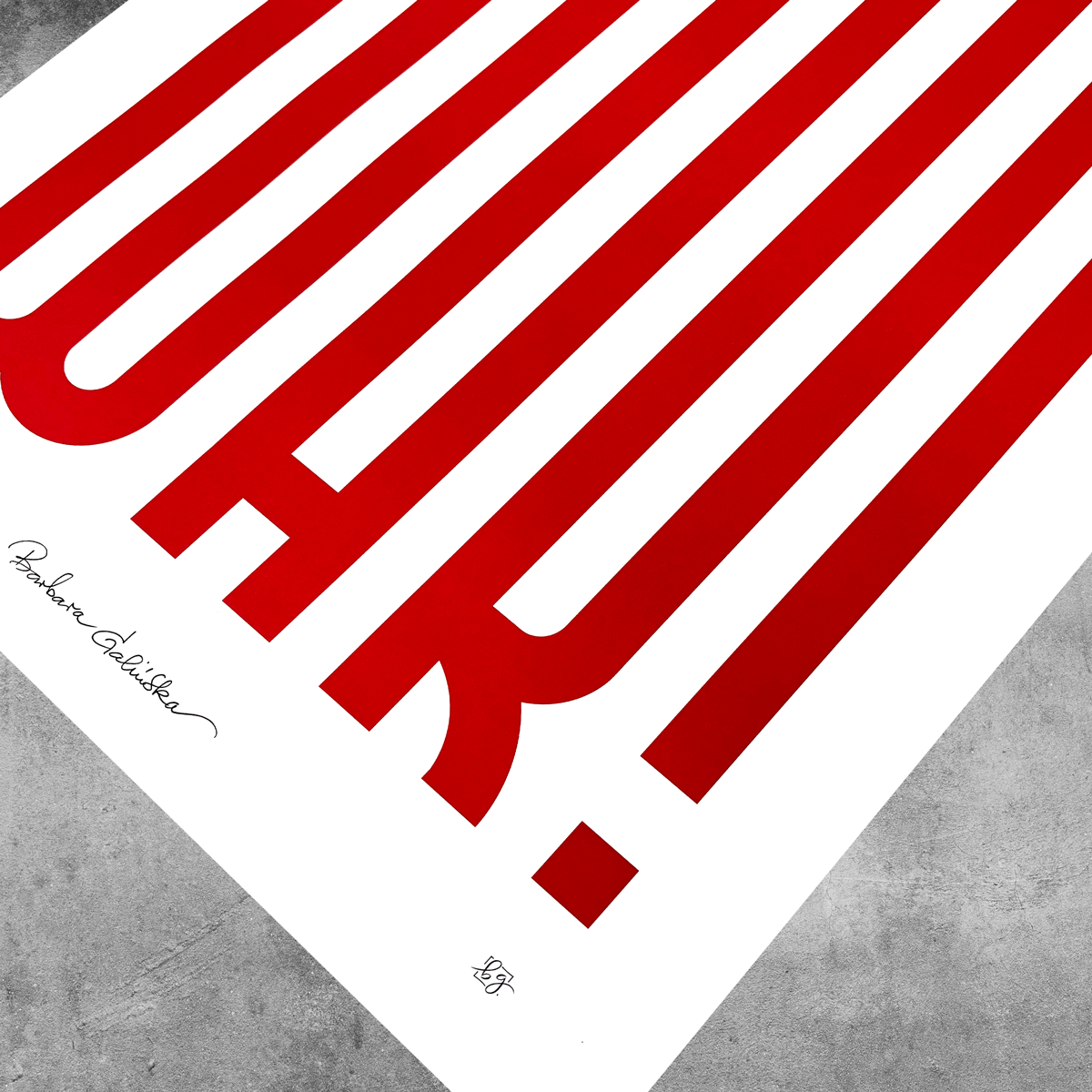 ‘Stop War’ Red And White Print by My Store features bold diagonal red stripes on white, spelling “UH!”. Hand-signed and numbered “12/250”, this limited edition print (only 250 made) is shown resting on a gray surface.
