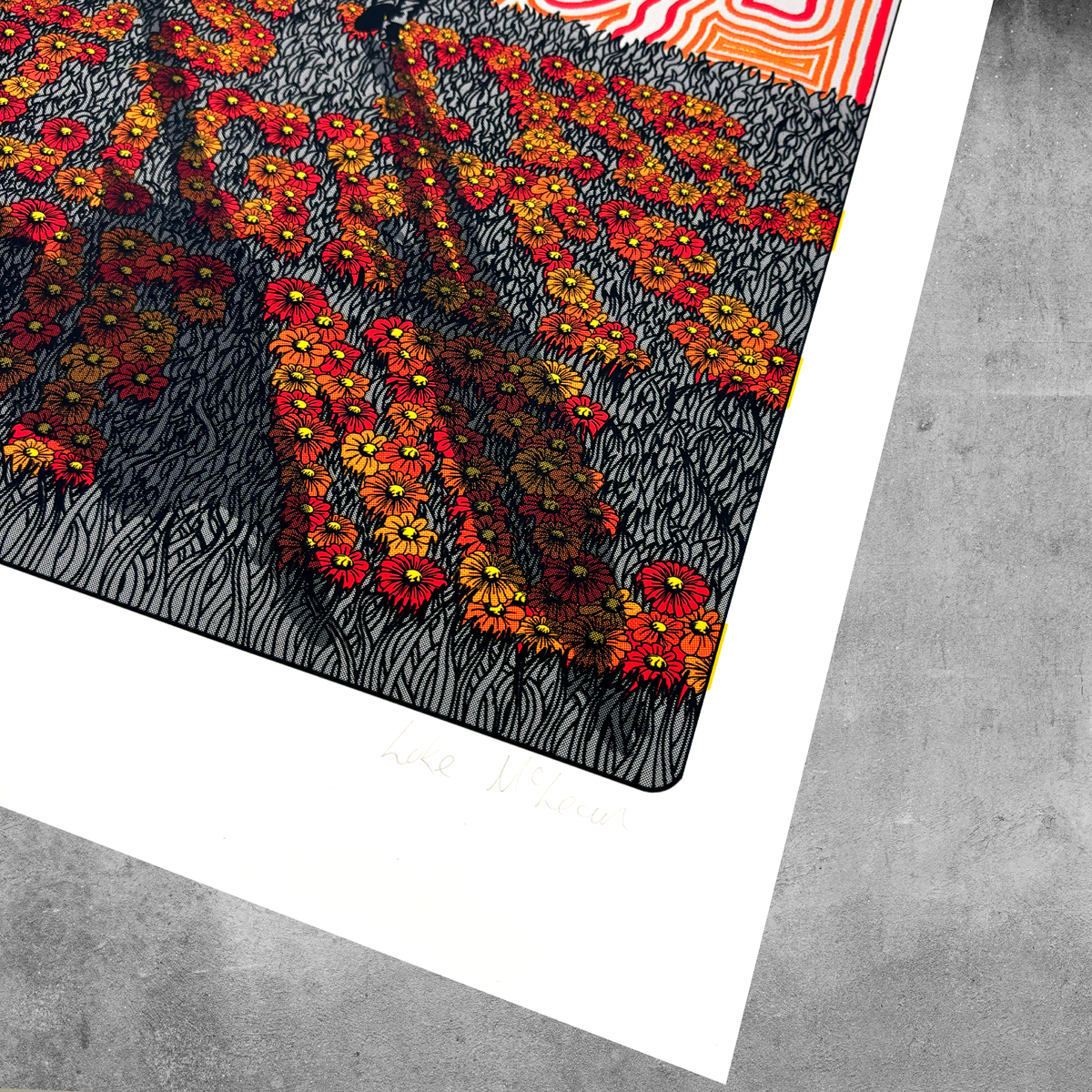 The Sunshine Bores the Daylights Out of Me Print by My Store is a limited edition of only 50, featuring dense orange and yellow flowers over black lines, bold red patterns above, and a subtle handwritten note on a white-bordered poster.