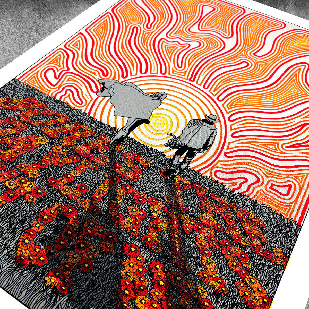 The Sunshine Bores the Daylights Out of Me limited edition print by My Store features a Luke Mclean design with two people and a dog in a field of red and orange flowers beneath psychedelic sun swirls. Only 50 prints available.