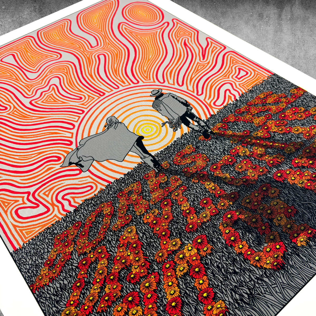 Two people walk toward a swirling sun as vibrant flowers spell FORGIVE EACH OTHER. This unique Luke Mclean design for My Store is featured in the limited edition Sunshine Bores the Daylights Out of Me Print—only 50 available.