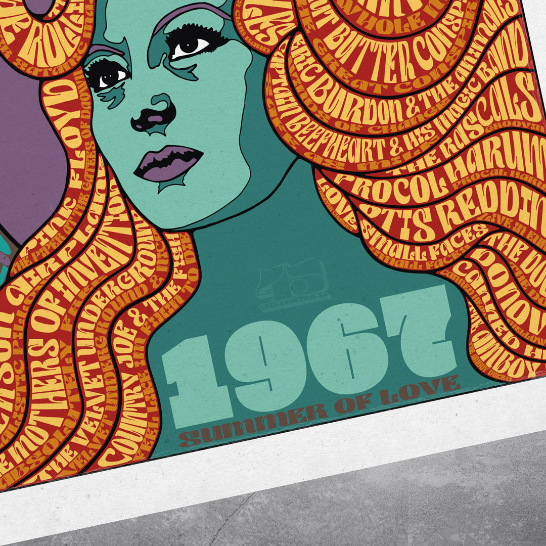 The 1967 – The Summer of Love Poster Print by My Store features a psychedelic woman’s teal face and swirling orange-red hair with band names, limited to only 100 editions—ideal for fans of 1960s counterculture and music history.