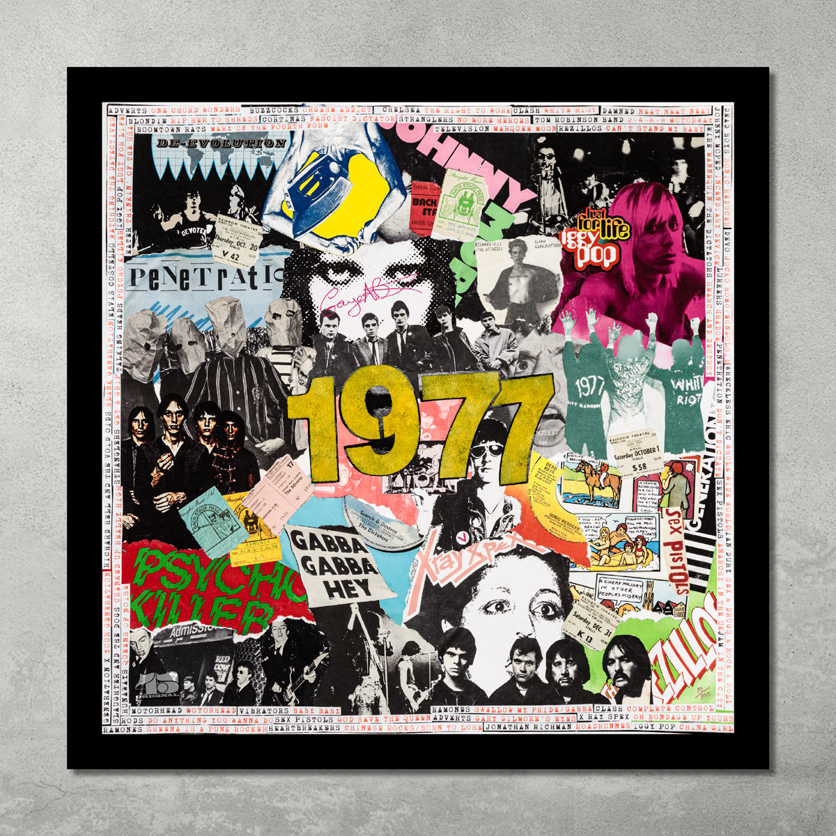 The 1977 – Punk Rock poster print from My Store is a limited edition of just 100, signed by Gaye Black, featuring vivid band photos and punk graphics with bold yellow 1977 text, framed in black—perfect for music fans and collectors.
