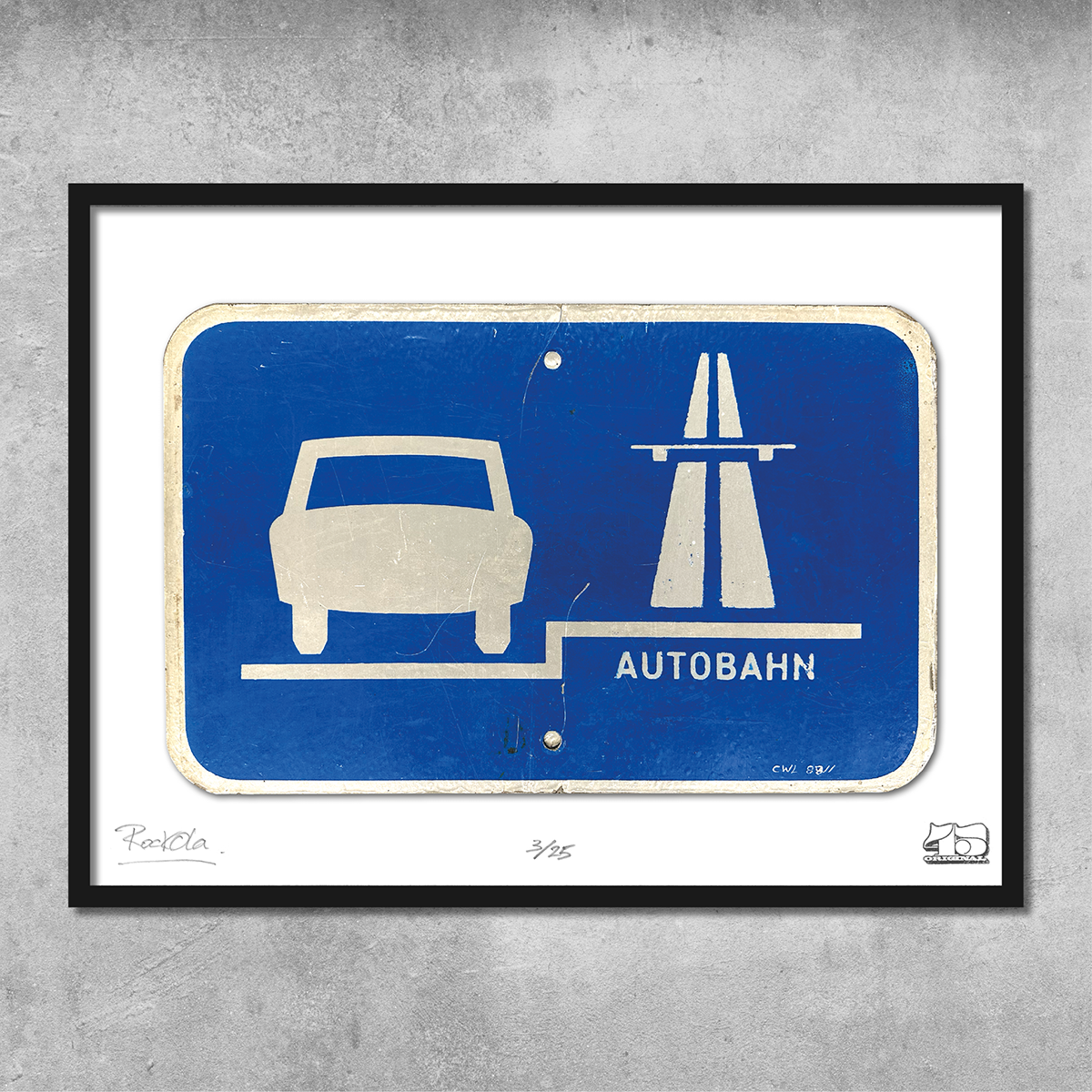 The RocknRoad Sign Print - Autobahn II by My Store is a limited edition (25) giclée print featuring a blue German autobahn sign with white car and highway symbols—ideal wall art for modern spaces.