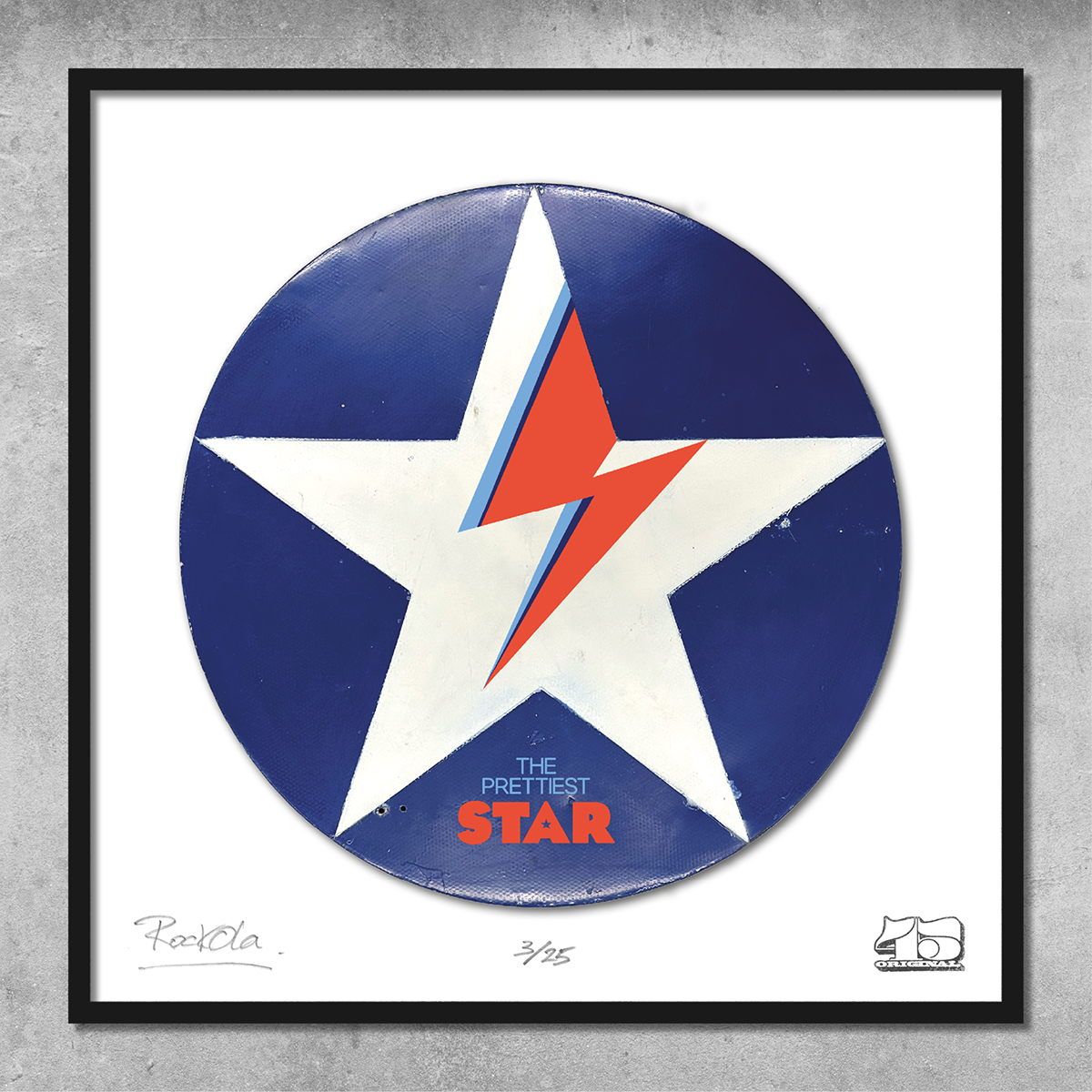 The RocknRoad Sign Print - The Prettiest Star by My Store is a limited edition framed giclée (25 only), featuring a UK-style round blue sign with a white star, red lightning bolt, and The Prettiest Star, signed at the bottom.