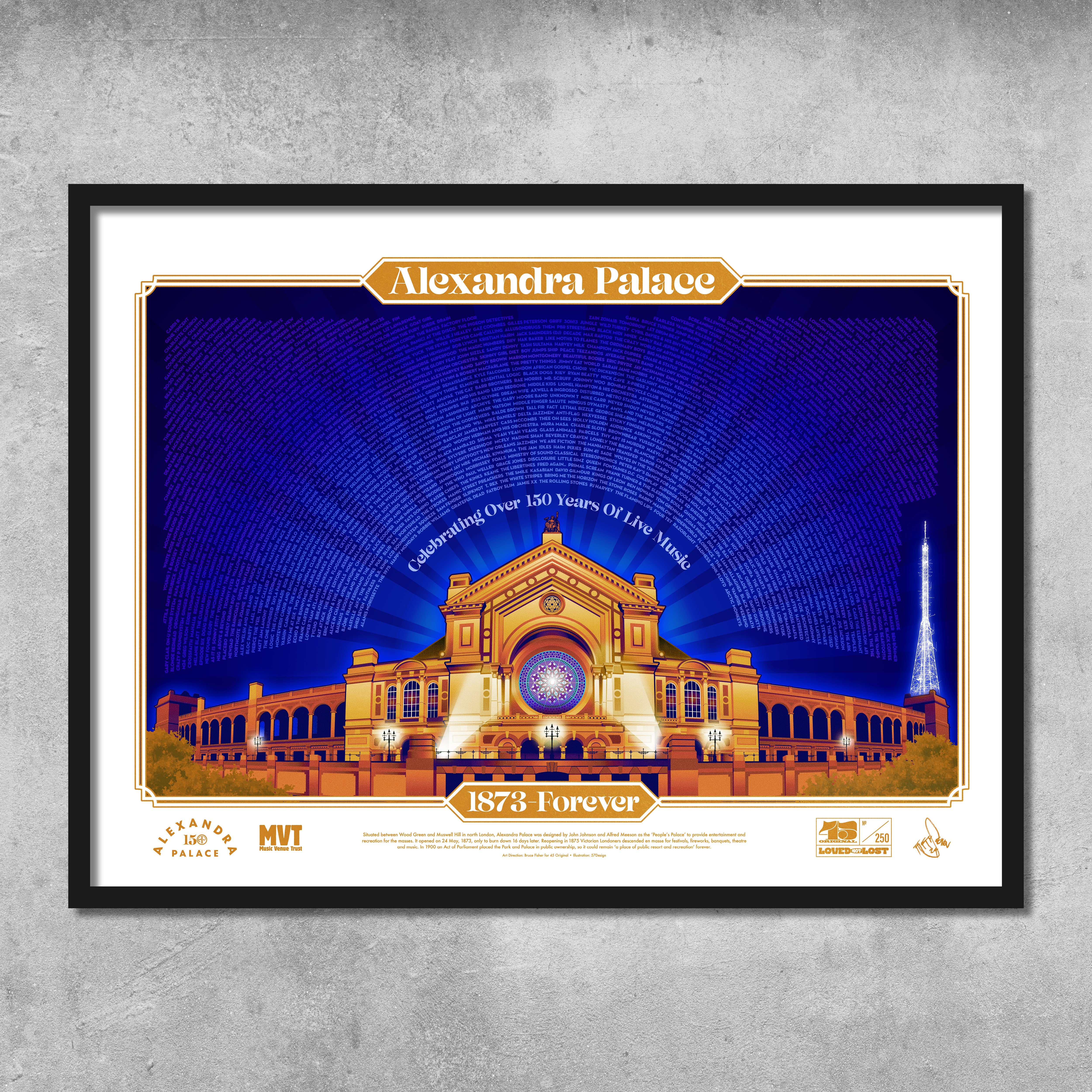The 45 Original Alexandra Palace Golden Poster Print – Limited Edition features vibrant blue skies, golden architecture, and Alexandra Palace 1873 Forever text, celebrating over 150 years of live music at this iconic London venue.