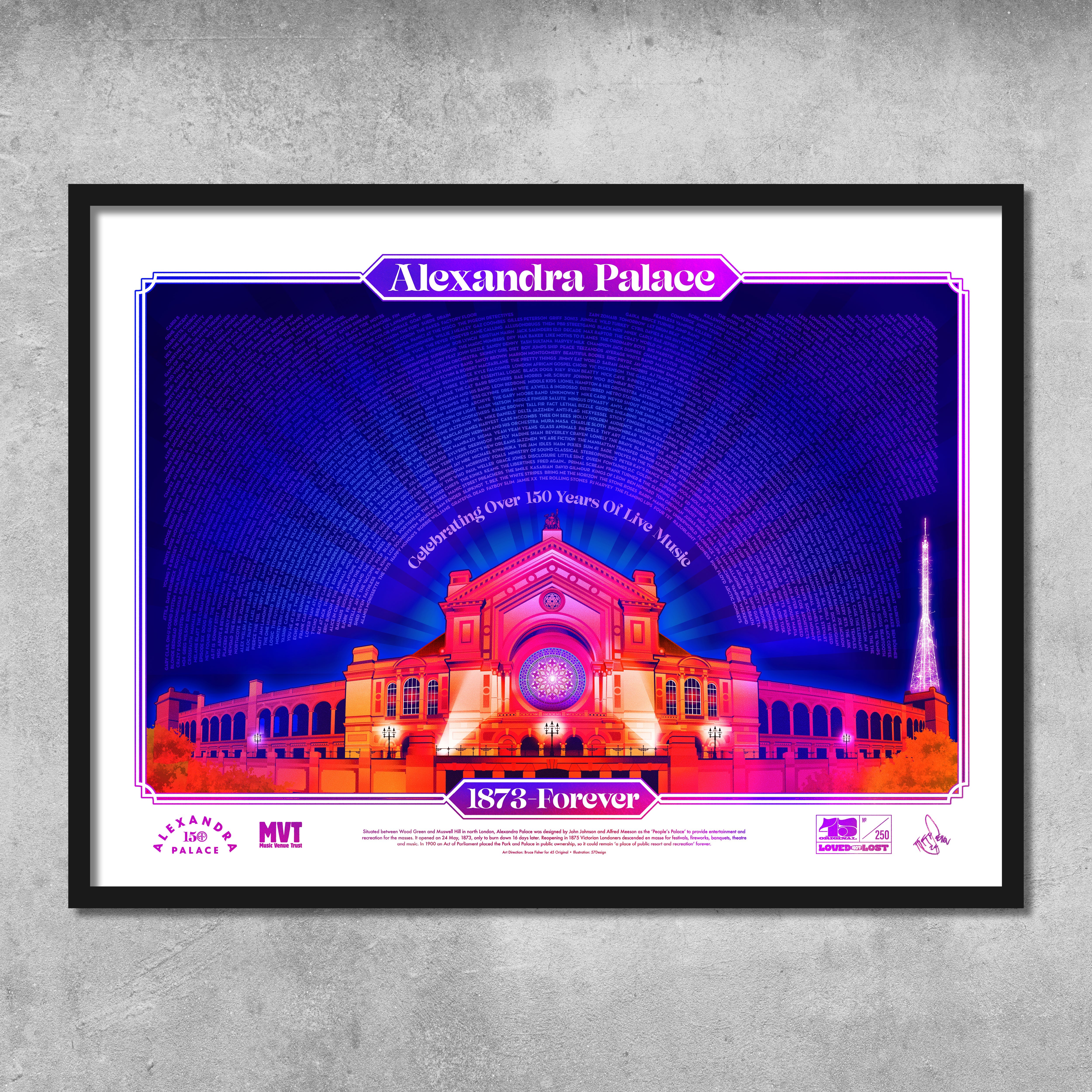 The 45 Original Alexandra Palace Technicolor Poster Print (Limited Edition) features vibrant neon colors with a purple and pink sky, and the text: Alexandra Palace – Celebrating Over 150 Years Of Live Music – 1873 Forever.