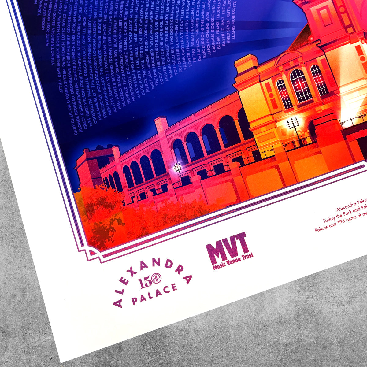 The Alexandra Palace Technicolor Poster Print – Limited Edition by 45 Original features vibrant artwork with “ALEXANDRA PALACE 150” and the Music Venue Trust logo, celebrating Grassroots Music Venues, displayed on a concrete surface.