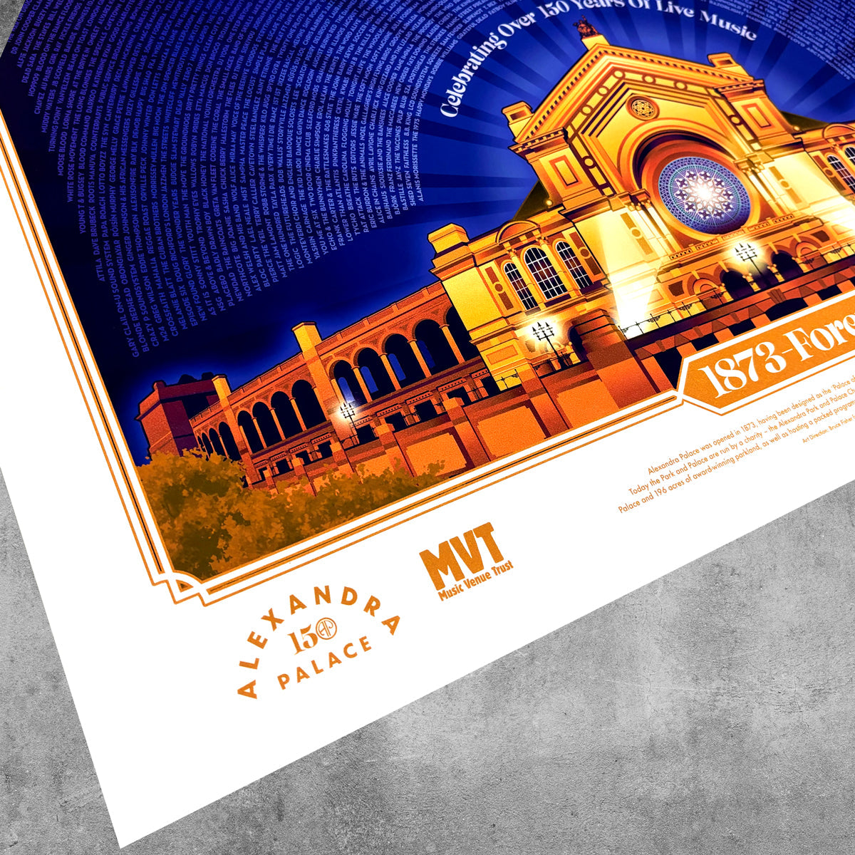 The 45 Original Alexandra Palace Golden Poster Print – Limited Edition, features a vibrant illustration of the iconic facade and Music Venue Trust logo, celebrating 150+ years of live music on a smart white border.