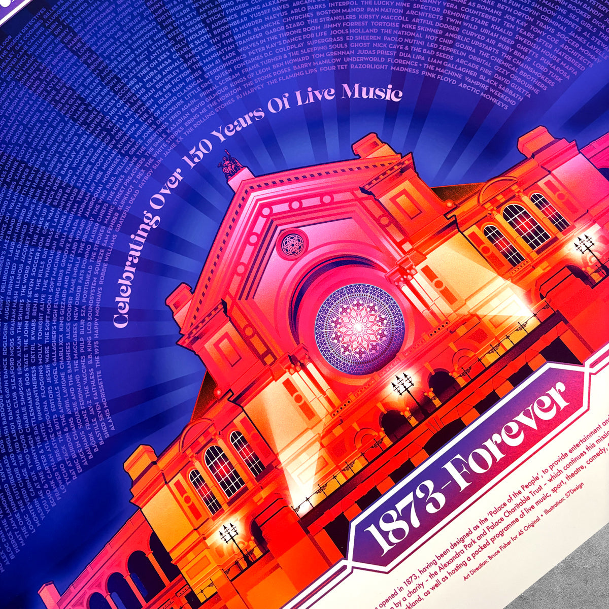 The 45 Original Alexandra Palace Technicolor Poster Print - Limited Edition features a vibrant illustration of the historic concert hall with “Celebrating Over 150 Years Of Live Music” and “1873 Forever,” supporting Grassroots Music Venues.