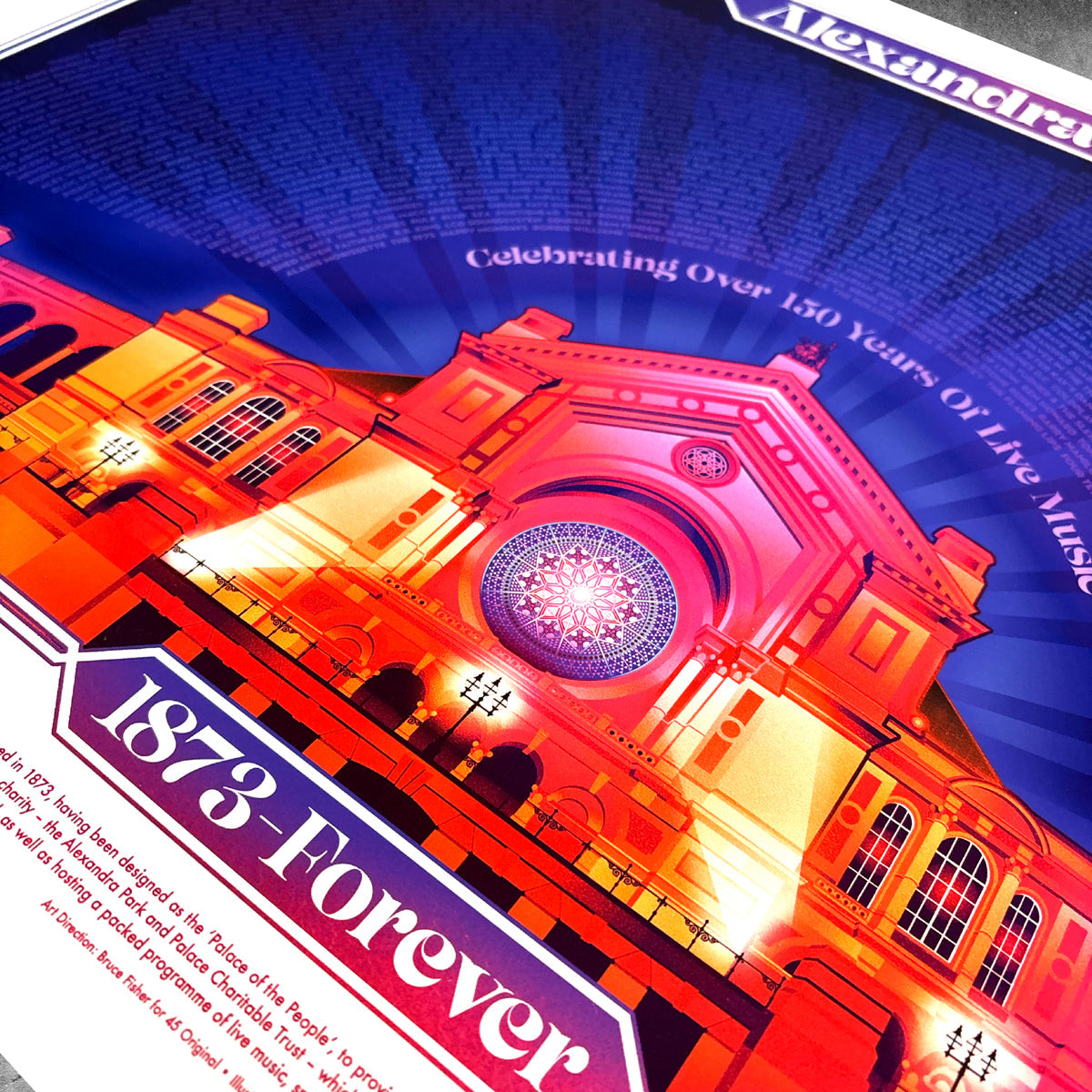 The Alexandra Palace Technicolor Poster Print by 45 Original is a limited edition featuring bold “1873 Forever” and “Celebrating Over 150 Years of Live Music” text with a vibrant illustration of the palace’s facade.