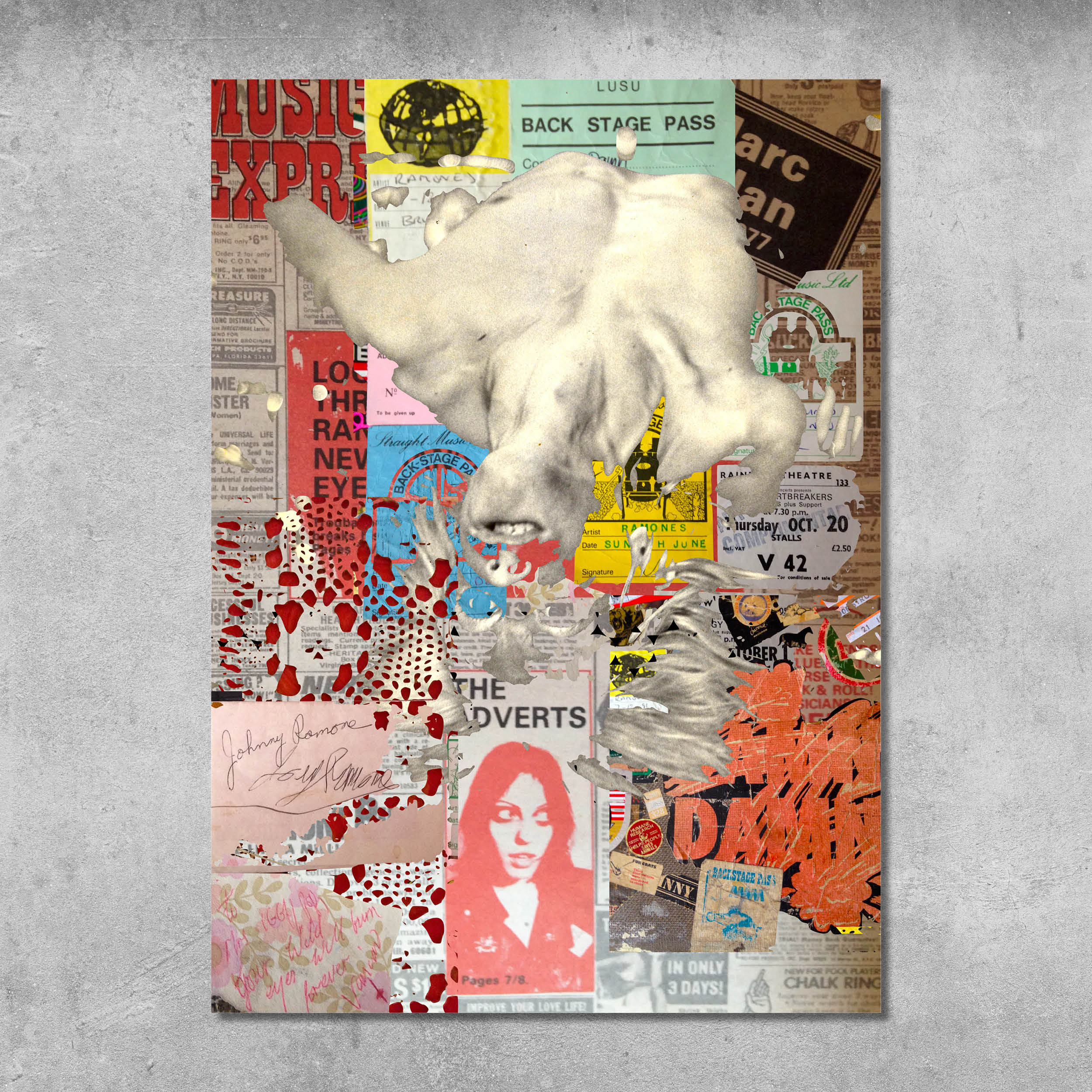 The Memorabilia 4 (Iggy/Adverts) poster print by 45 Original features vintage concert tickets, flyers, and NME clippings over textured paint and a bold white abstract shape on concrete—signed by Gaye Black.
