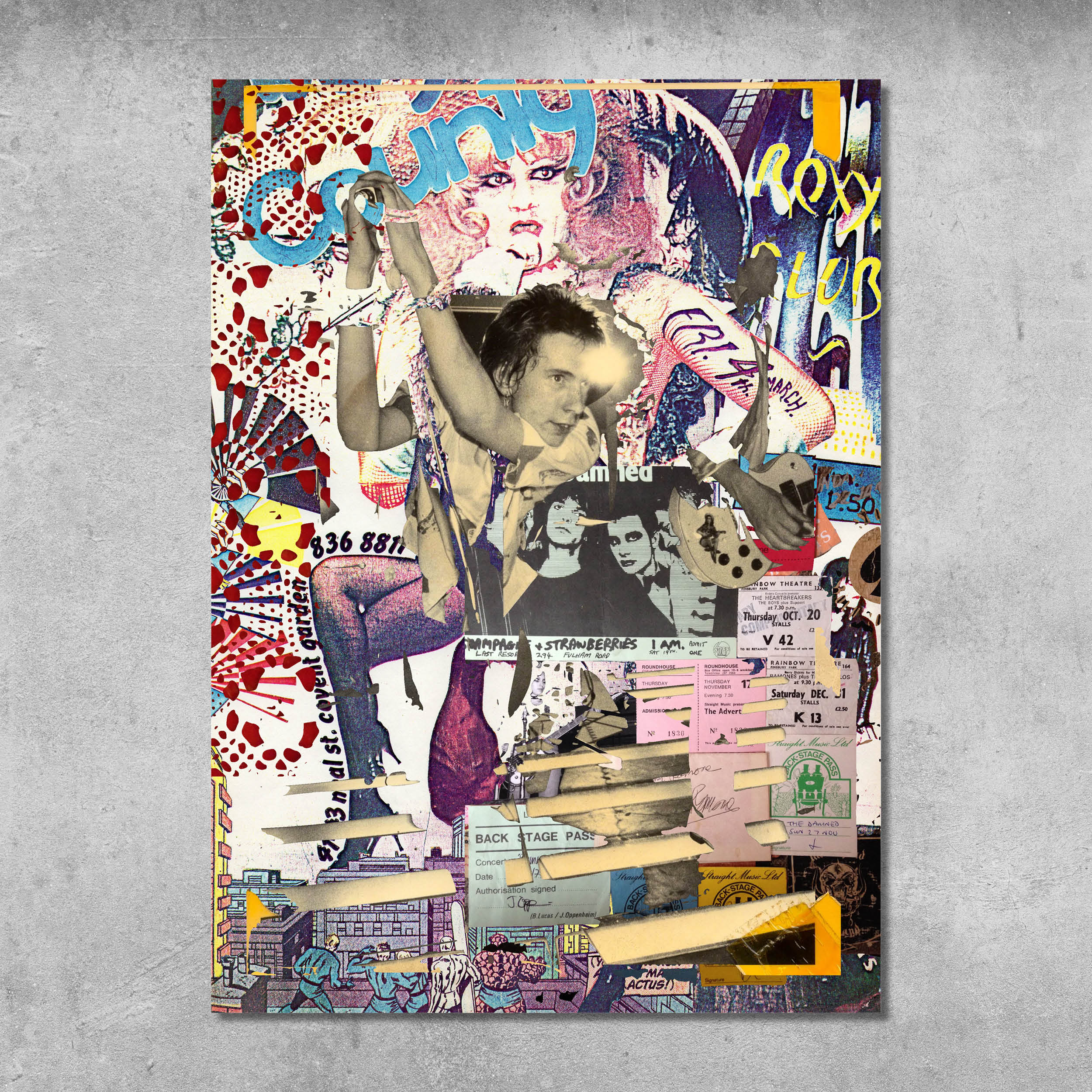 Memorabilia 6 (Wayne County/Johnny Rotten) is a vibrant poster print by 45 Original, signed by Gaye Black, featuring punk collage art with gig photos, tickets, and bold Roxy Club graffiti on a textured gray background—perfect for fans.