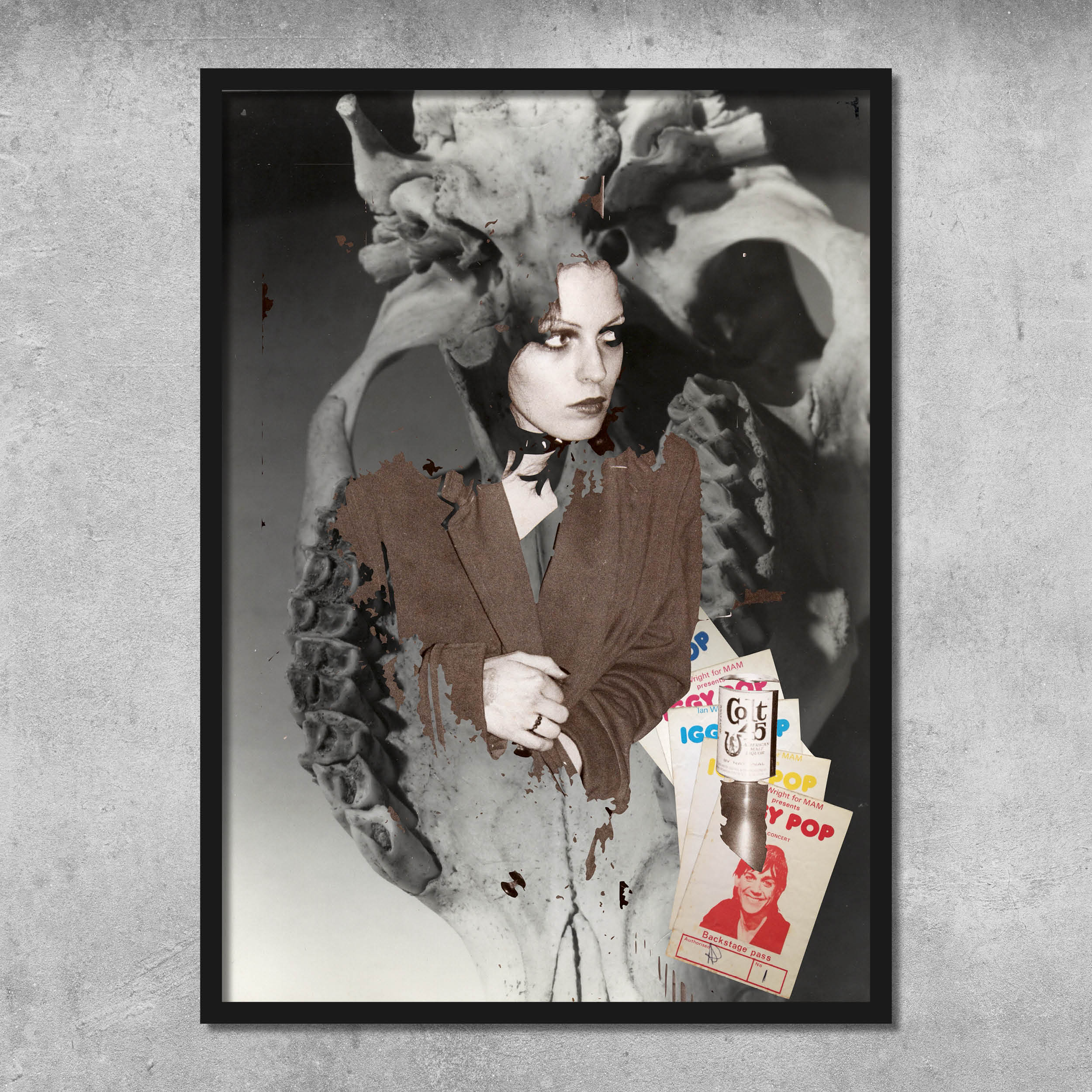 Memorabilia 7 (Gaye Advert/Skull) by 45 Original is a signed poster print by Gaye Black, depicting a woman in a brown jacket over an animal skull, layered with music flyers on a concrete-textured background.