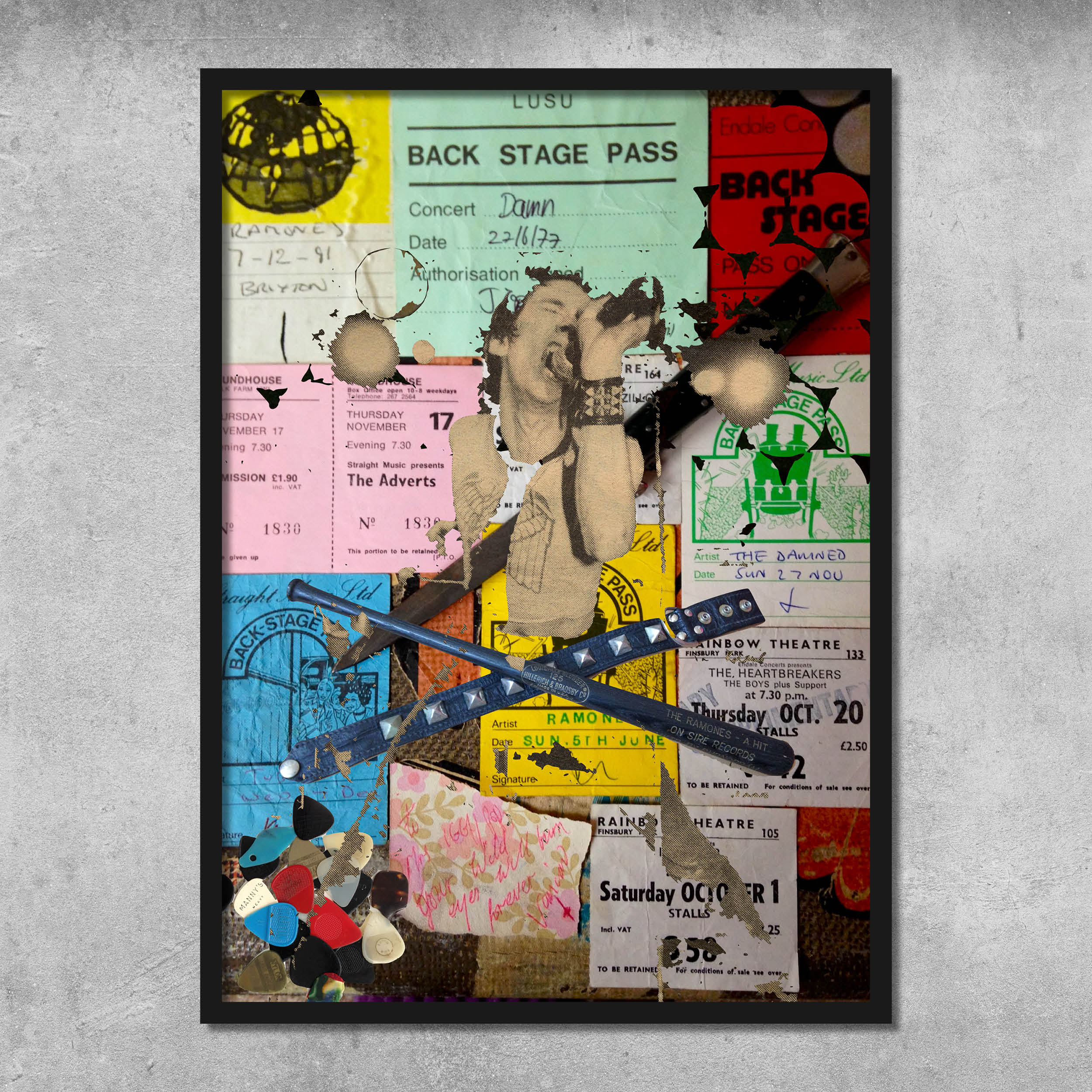 A black-and-white image of Dead Boys singer Stiv Bators, surrounded by vibrant concert tickets and passes with paint splatters, features on Memorabilia 8—a signed poster print by Gaye Black from 45 Original.