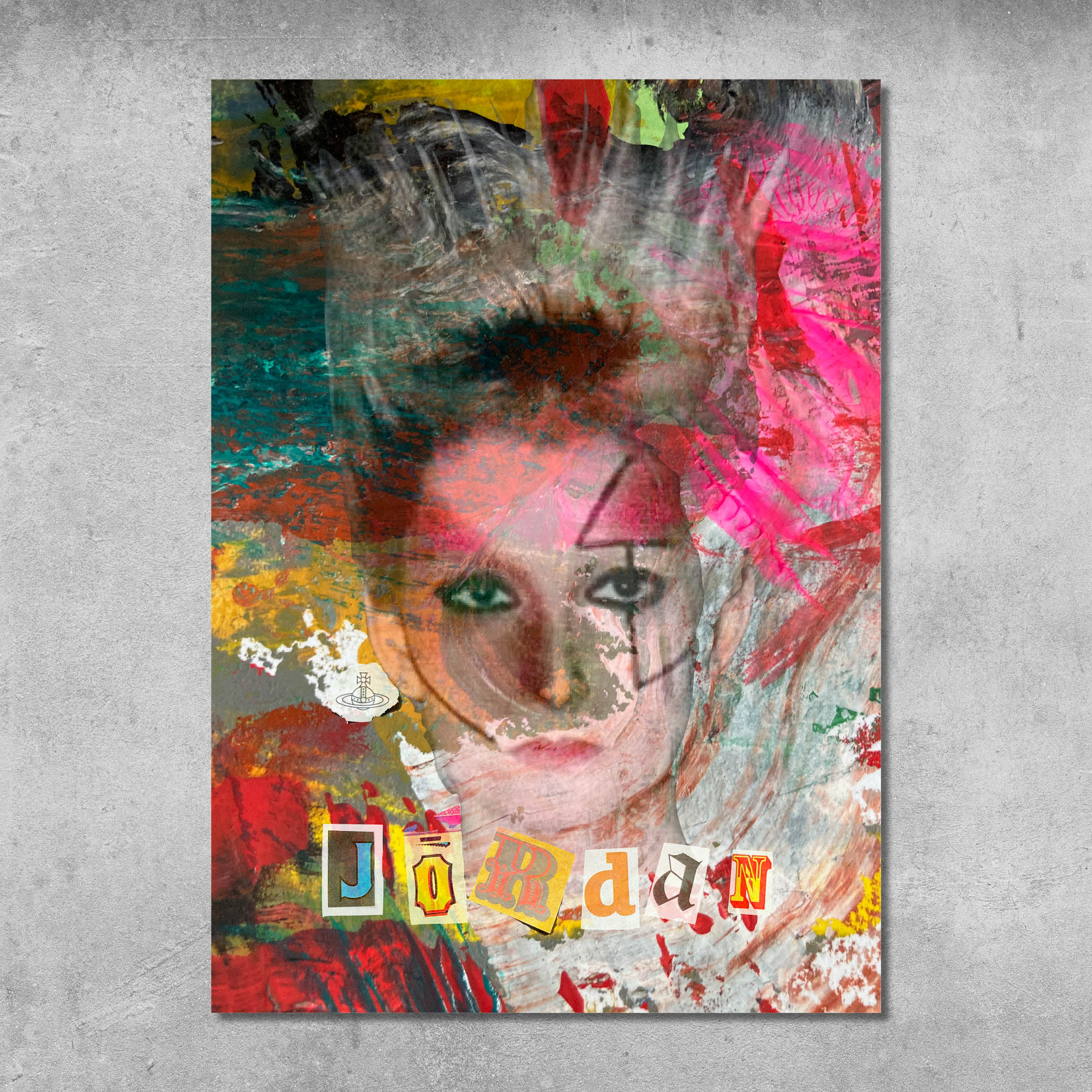 The Jordan - Poster Print, signed by Gaye Black for 45 Original, depicts a womans face partly hidden by vivid, abstract paint strokes with a punk rock vibe. Cut-out letters at the bottom spell Jordan on this bold artwork.
