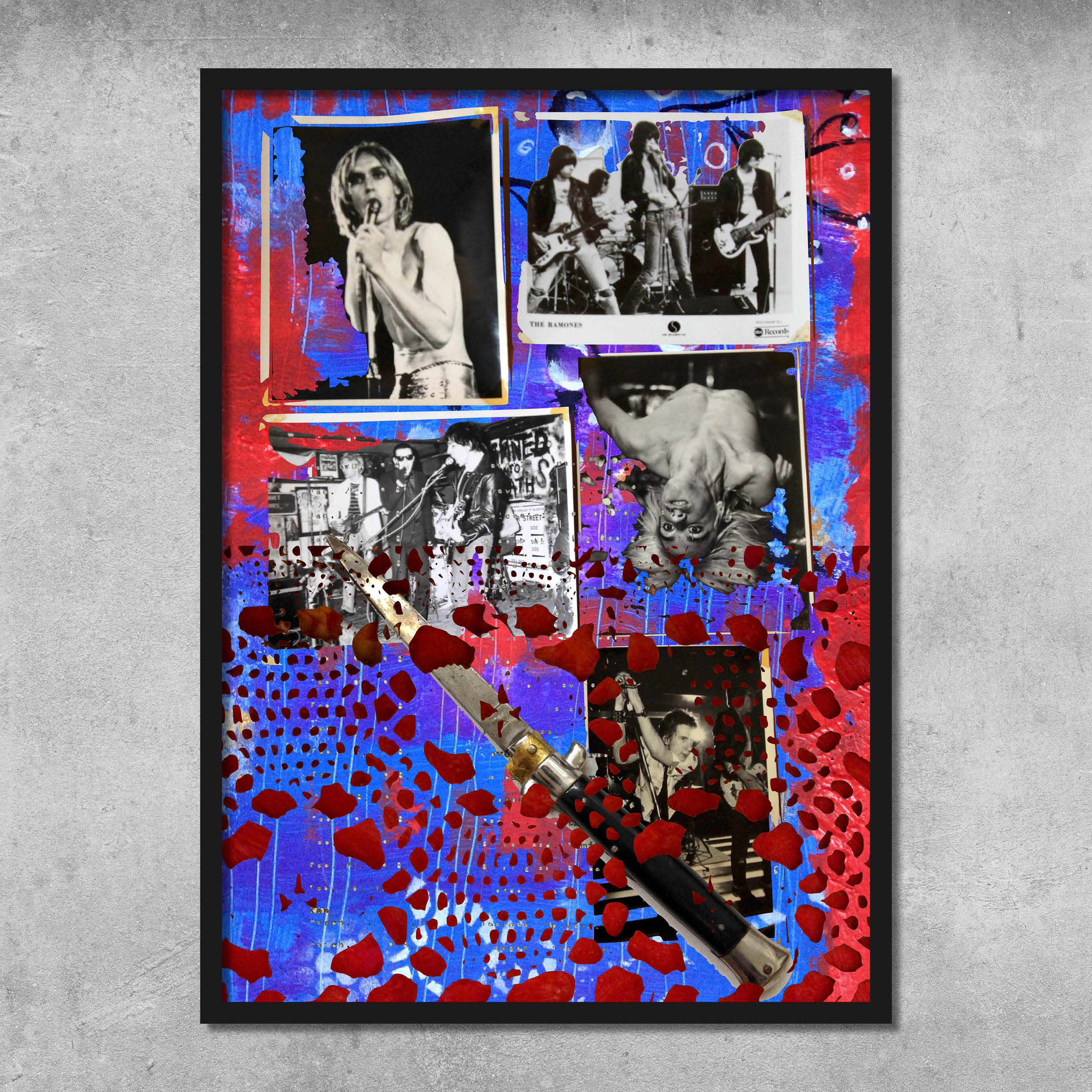 The 45 Original Memorabilia 1 (Iggy/Ramones/Damned/Stiv) poster print, signed by Gaye Black, features punk band photos with red and blue accents, printed with Canon pigment ink on museum grade paper against a concrete wall background.
