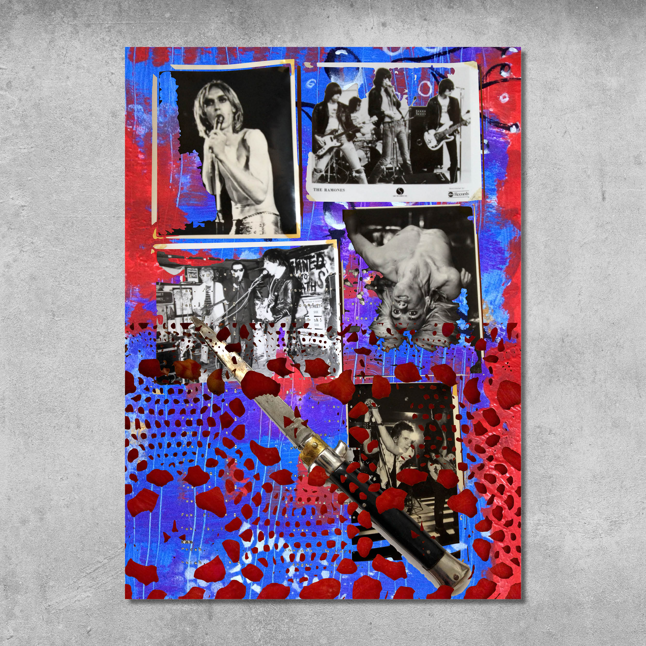 Memorabilia 1 (Iggy/Ramones/Damned/Stiv) Poster Print by 45 Original features punk band images, a dog, and a tattoo machine on vibrant red and blue. Signed by Gaye Black, the giclee print pops against any surface.