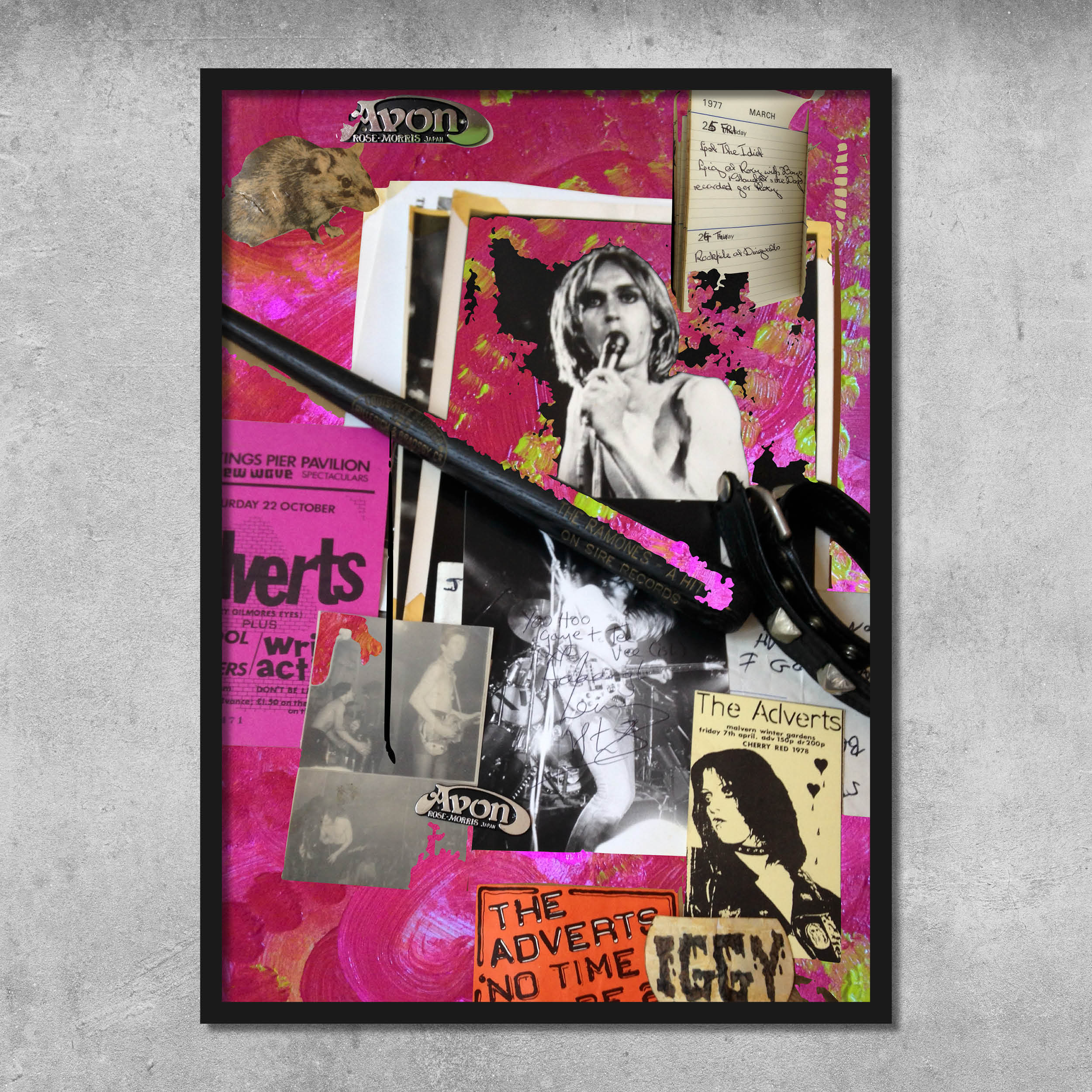 Memorabilia 2 (Iggy/Adverts/Pink) by 45 Original is a poster print signed by Gaye Black, featuring Iggy Pop, Ramones and Adverts memorabilia, handwritten notes, and Avon stickers on bright pink and gray archival paper.