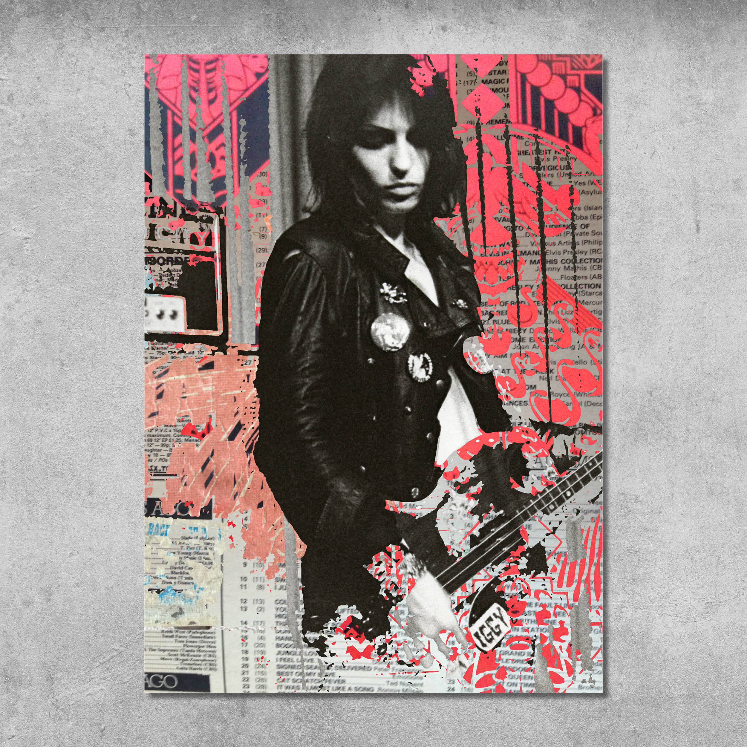 Memorabilia 3 (Gaye Advert at the Nashville) by 45 Original features a black and white photo with pink graffiti designs on gray, printed as a museum grade giclee poster on archival paper and signed by Gaye Black.