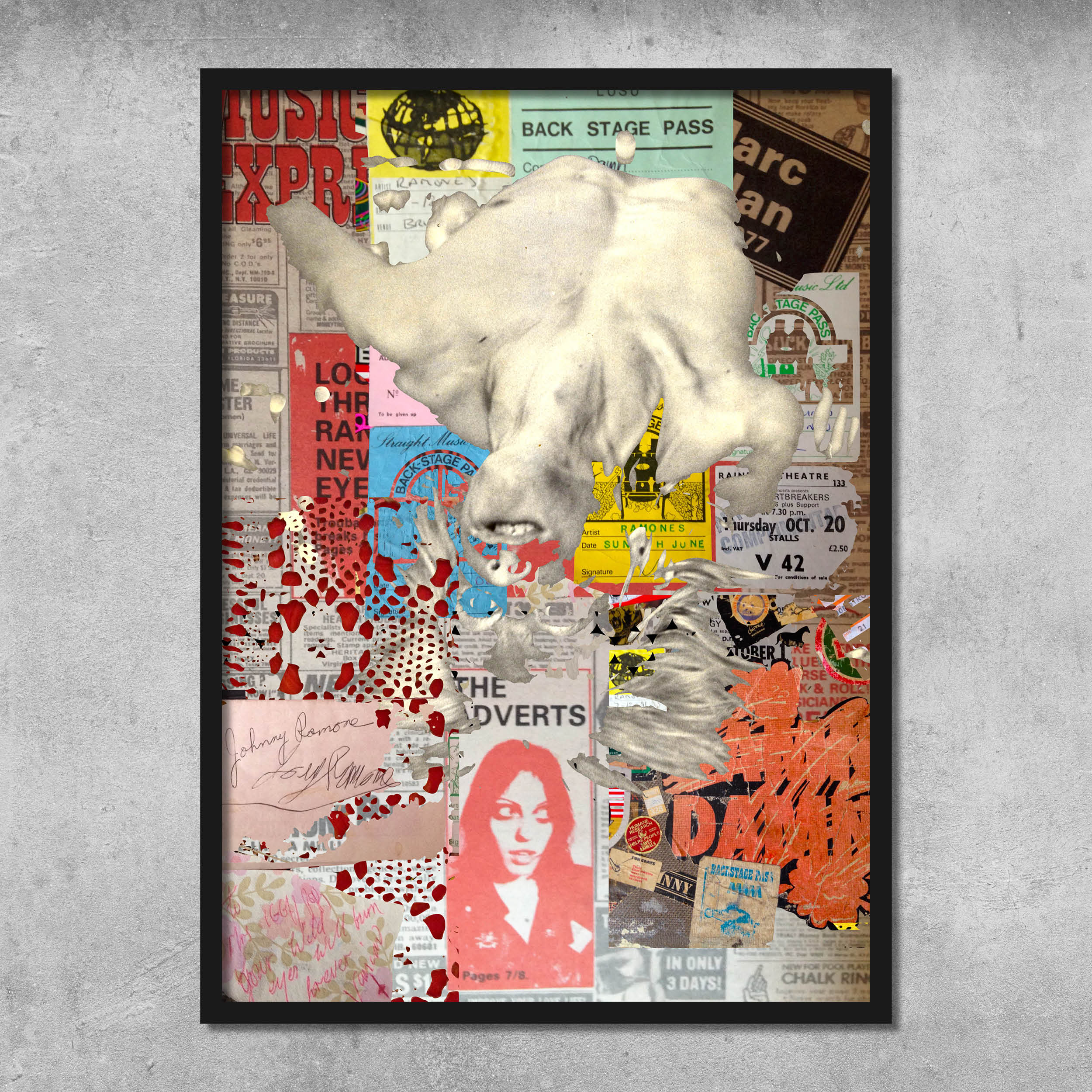 Memorabilia 4 (Iggy/Adverts) by 45 Original is a signed poster print by Gaye Black featuring a collage of ticket stubs, clippings, notes, and a womans torn face over white and red paint on gray concrete—evoking an NME cover.
