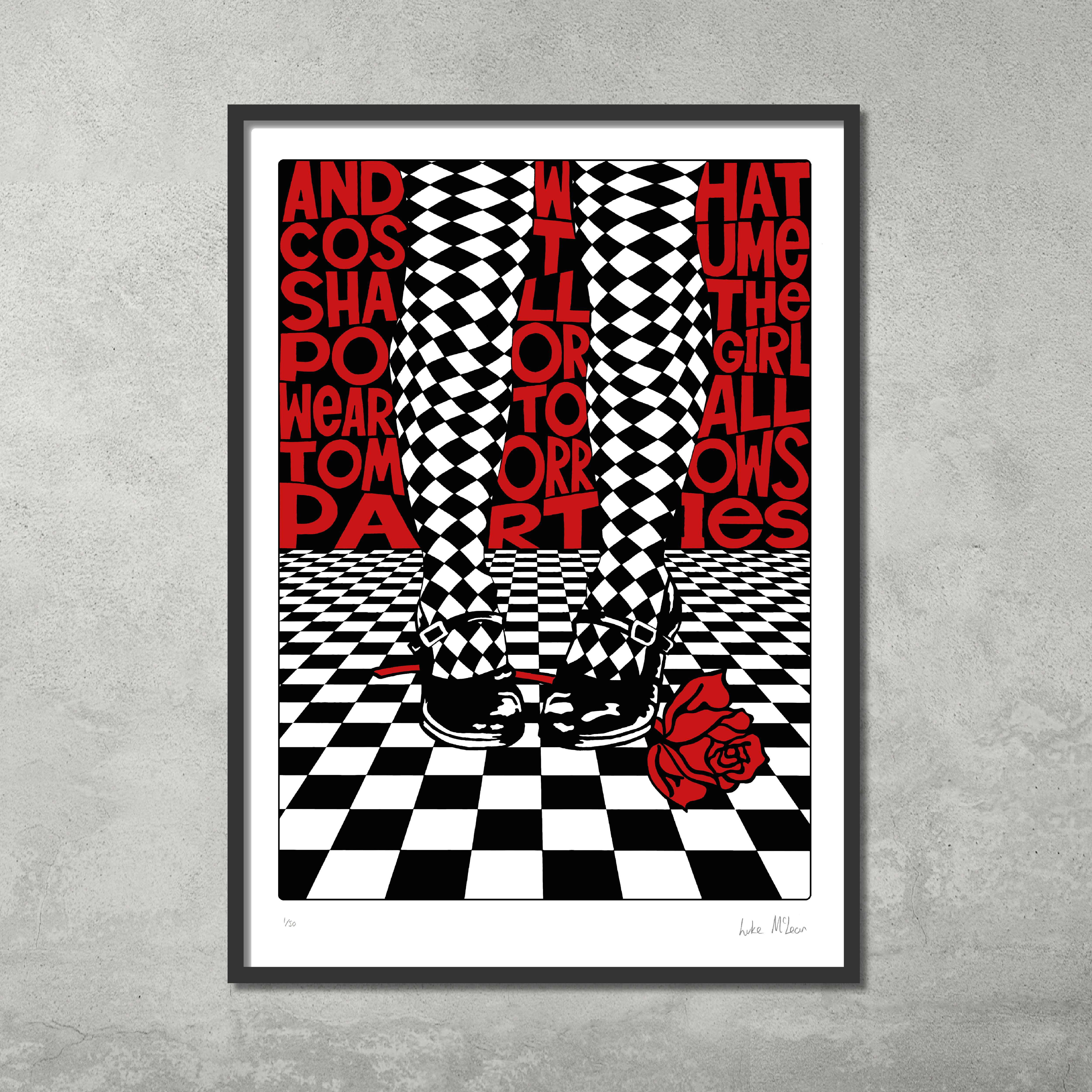 The All Tomorrows Parties Print is a limited edition art print (only 50 available) featuring black-and-white checkered floor, checkered tights, black shoes, red text, and a red rose on the floor.