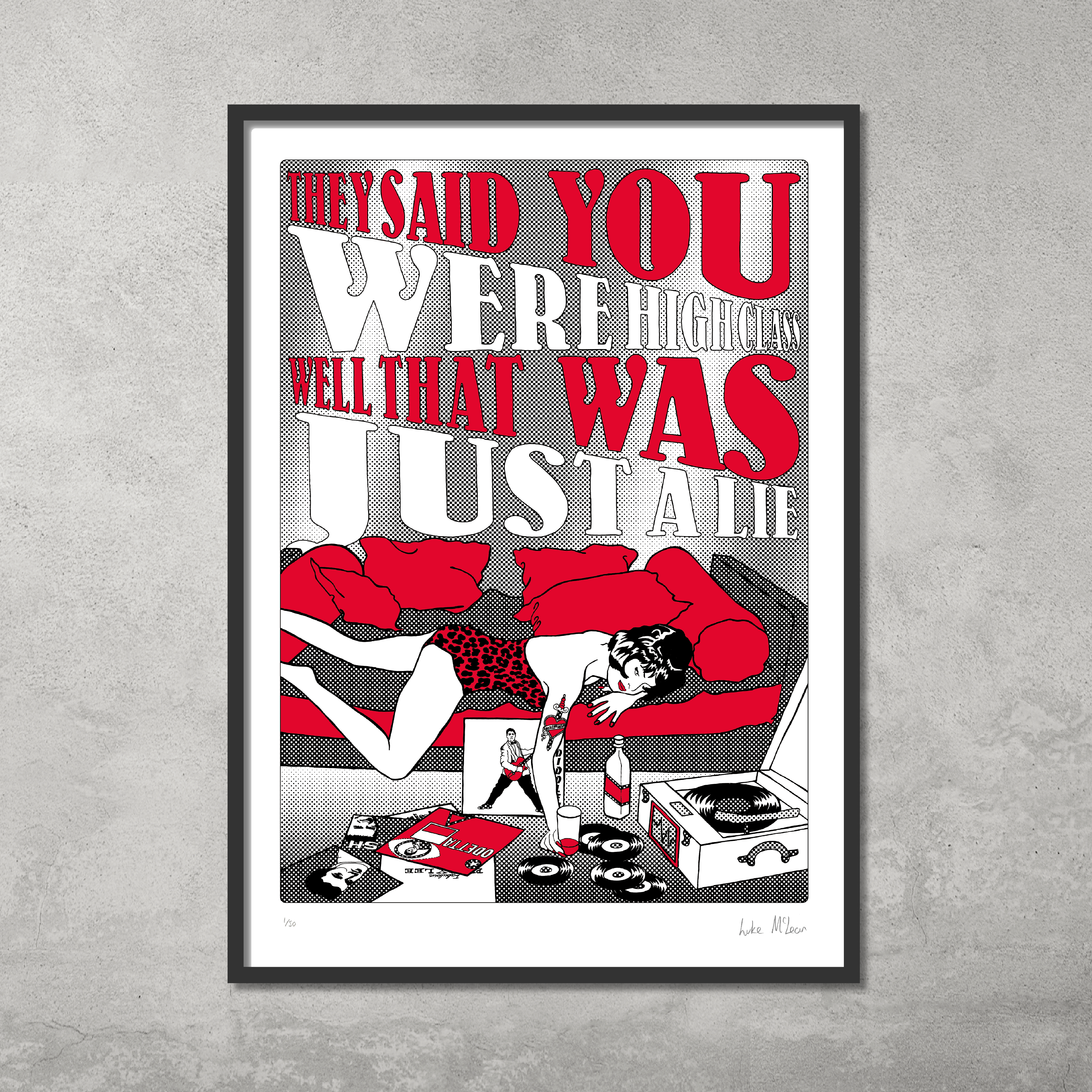 The Hound Dog Print by My Store is a limited edition artwork (only 50 made) showing a woman in red leopard-print underwear, lounging on a couch with Elvis Presley lyrics and scattered records and bottles.