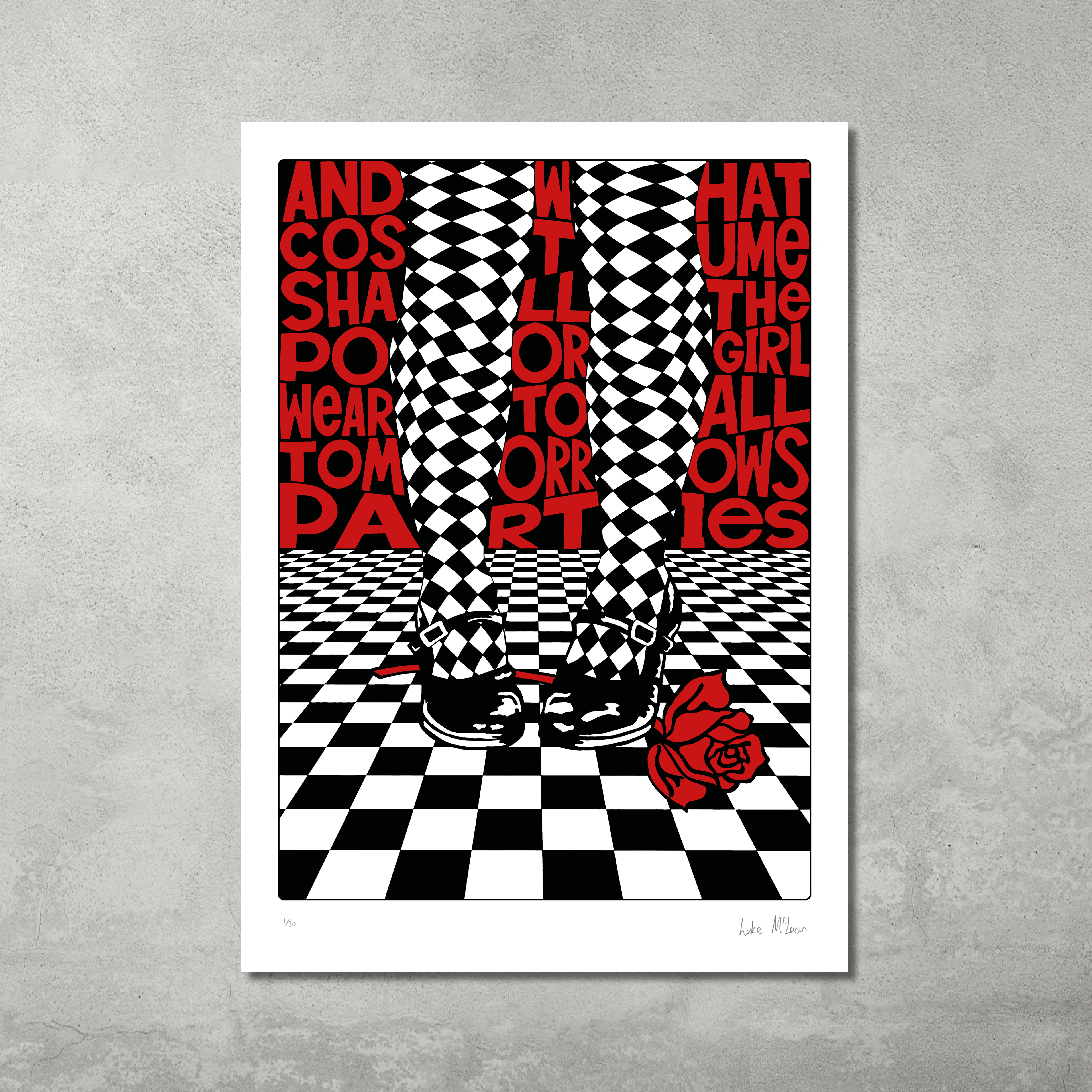 The All Tomorrow’s Parties Print – Limited Edition of Only 50 by My Store features black-and-white checkered legs in shiny shoes on a checkered floor with a red rose, plus Velvet Underground lyrics in bold red and black text.