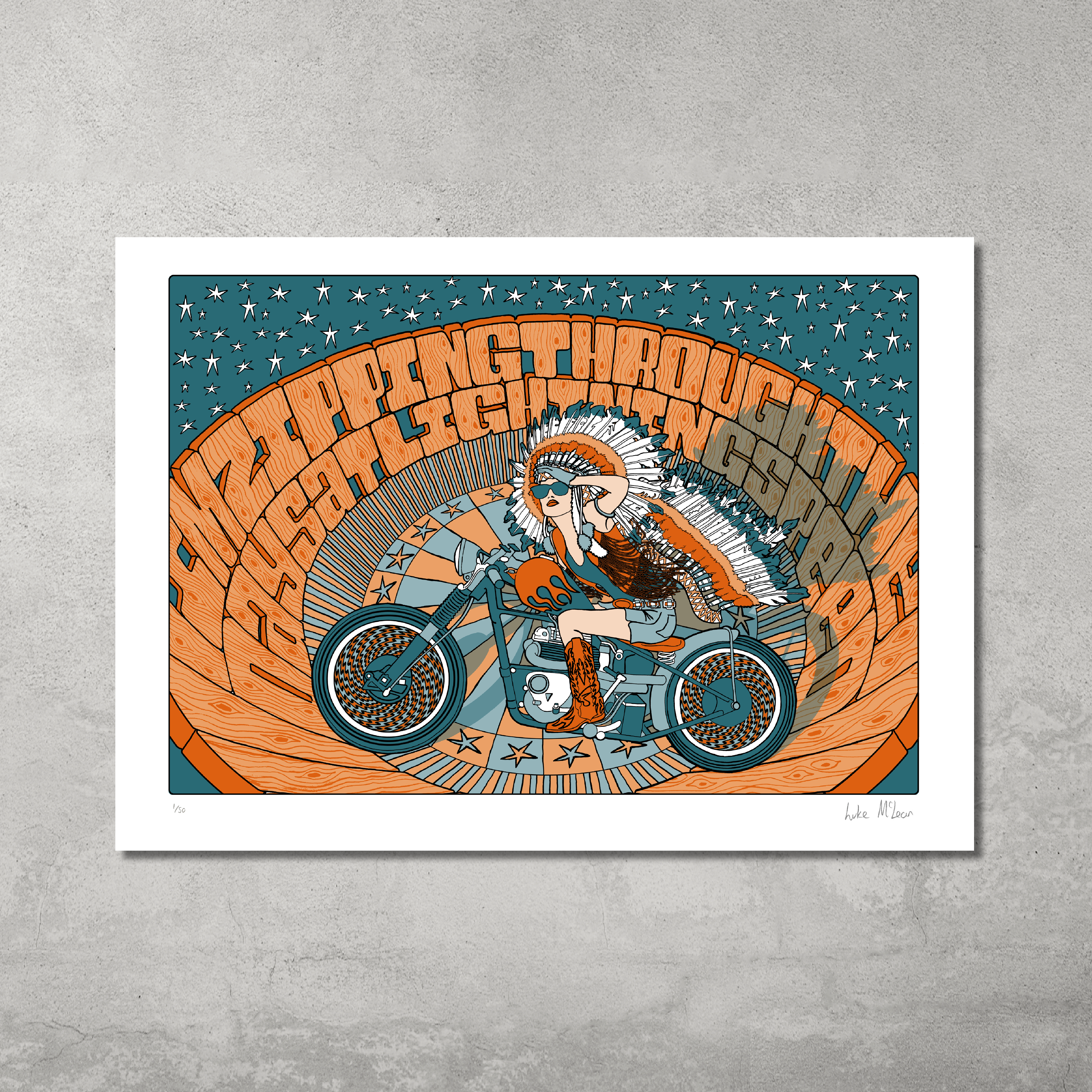 The Im Zipping Through the Days at Lighting Speed Print by My Store is a limited edition poster (only 50 made) featuring Luke Mcleans signature bike-riding man design.