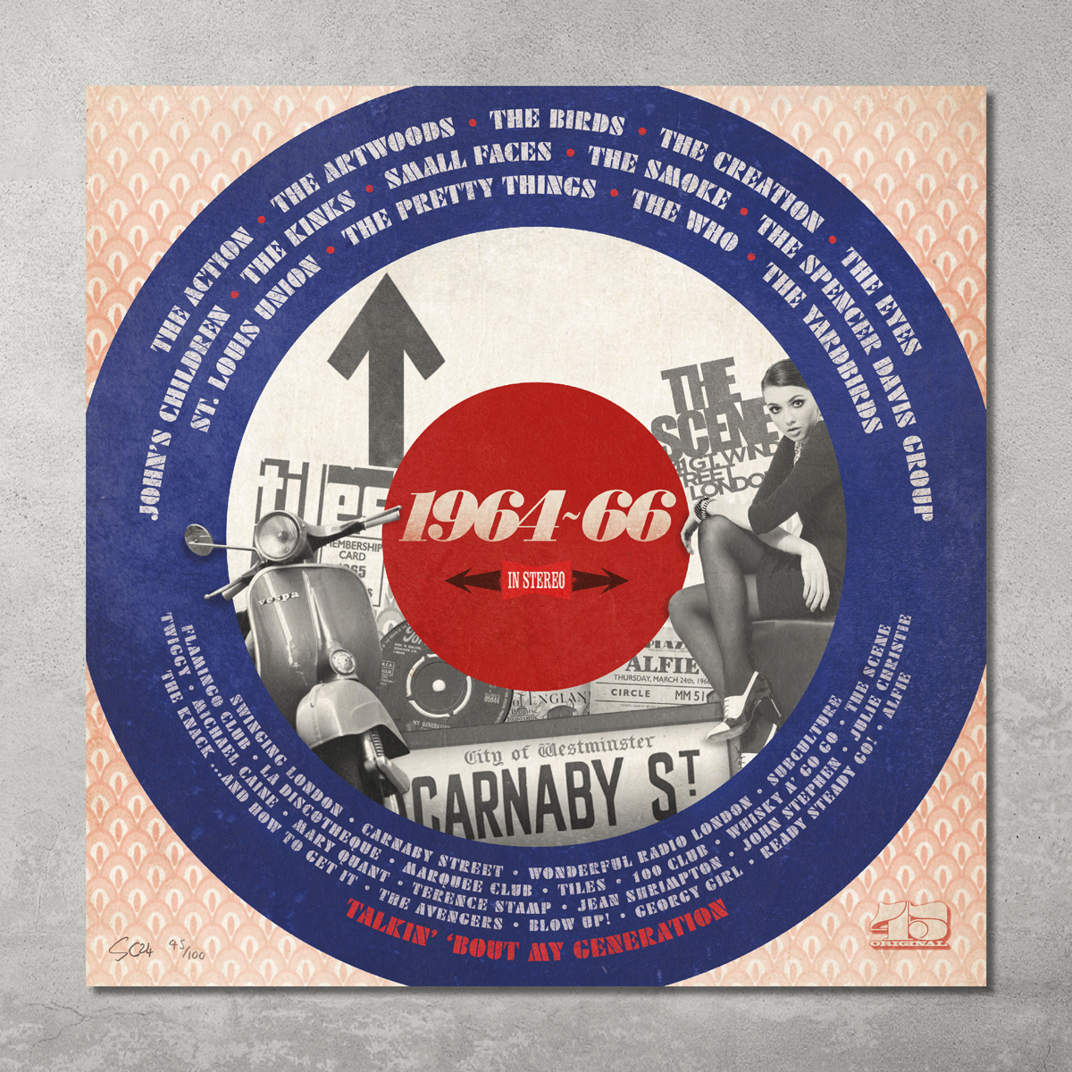 The 1964-66 – The Soho Scene poster print by My Store is a limited edition art piece featuring retro Mod design, a woman in 1960s style on a scooter, and band names from the Swinging Sixties. Only 100 prints available.