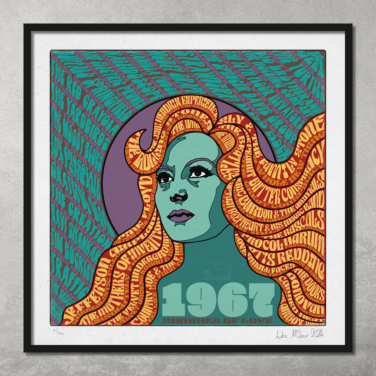 The 1967 – The Summer of Love Poster Print features a stylized woman with band names in her orange and yellow hair, set on a teal and purple background. This signed, framed limited edition art print is one of only 100.