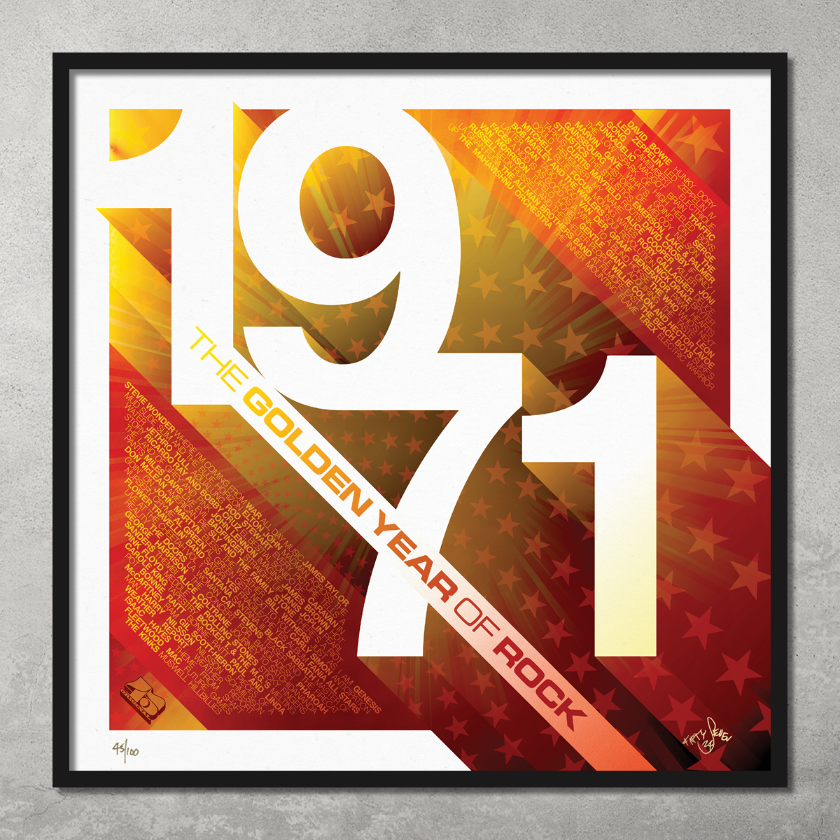 My Store’s limited edition 1971 – The Golden Year of Rock poster print features bold numbers over a vivid red-orange starry background with yellow lettering—an iconic collector’s piece, limited to just 100 prints.
