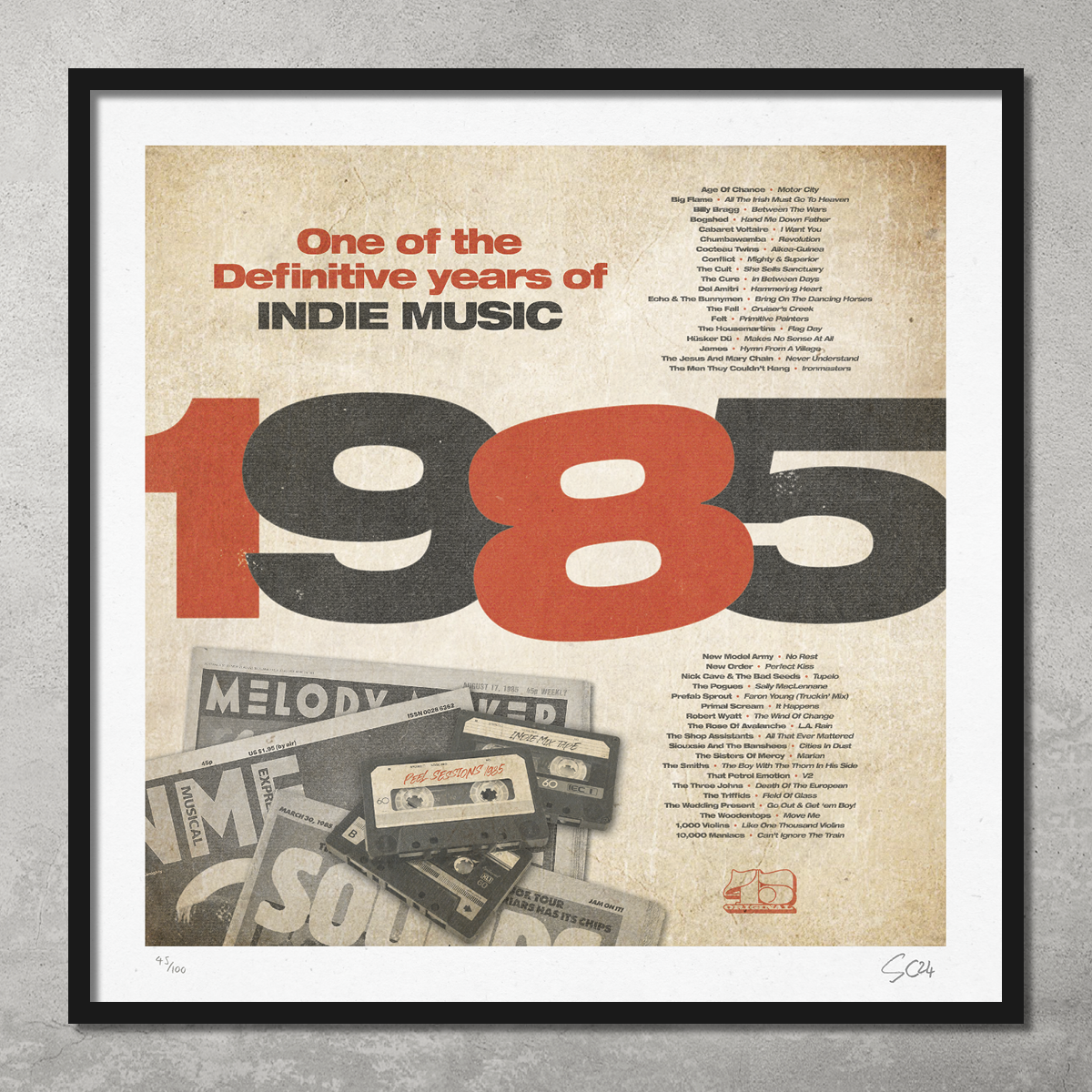 The 1985 – One of the Definitive Years of Indie Music poster print features bold red and black text, bands, cassette tapes, and music magazines on vintage beige. Limited edition of 100.
