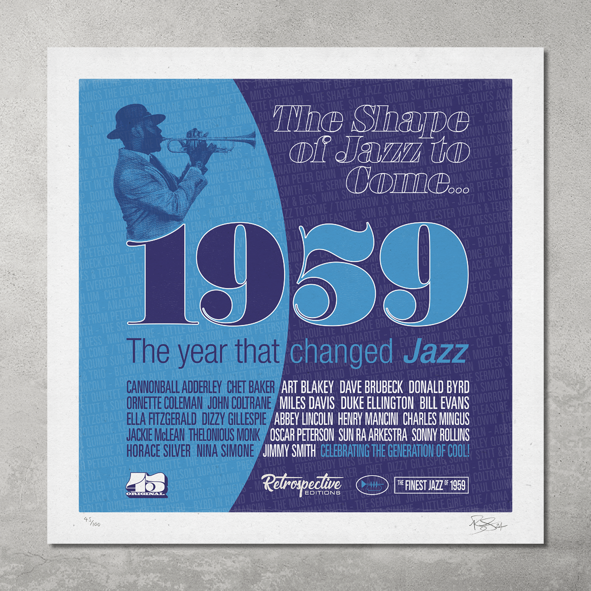 The 1959 – The Year That Changed Jazz poster print by My Store is a limited edition of 100, featuring a trumpet player’s silhouette and renowned jazz musicians names in blue and purple hues.