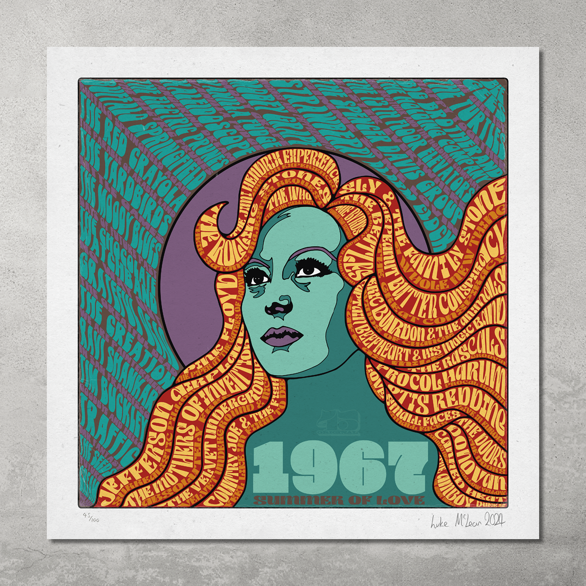 The 1967 – The Summer of Love limited edition poster print  features a psychedelic woman’s face with orange hair filled with ’67 bands and names, set against a vivid teal and purple background. Only 100 prints available.