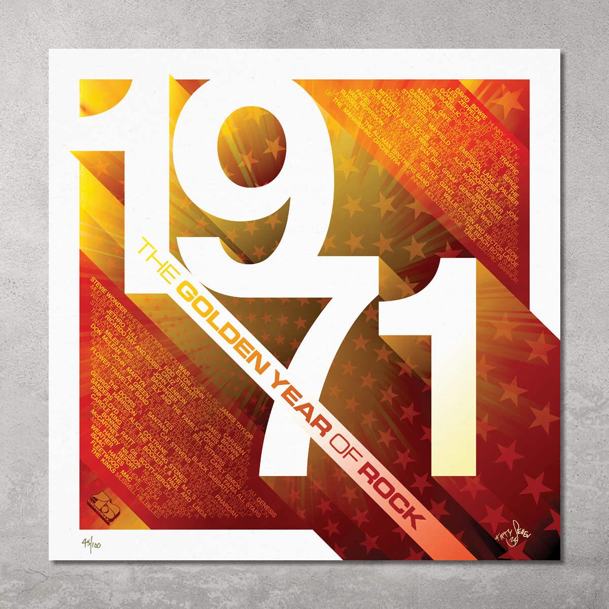 Bold white “1971” stands out on a lively red-orange background with stars, “The Golden Year of Rock” diagonally across, and gold band/album names at the sides. A My Store limited edition poster print—only 100 made.