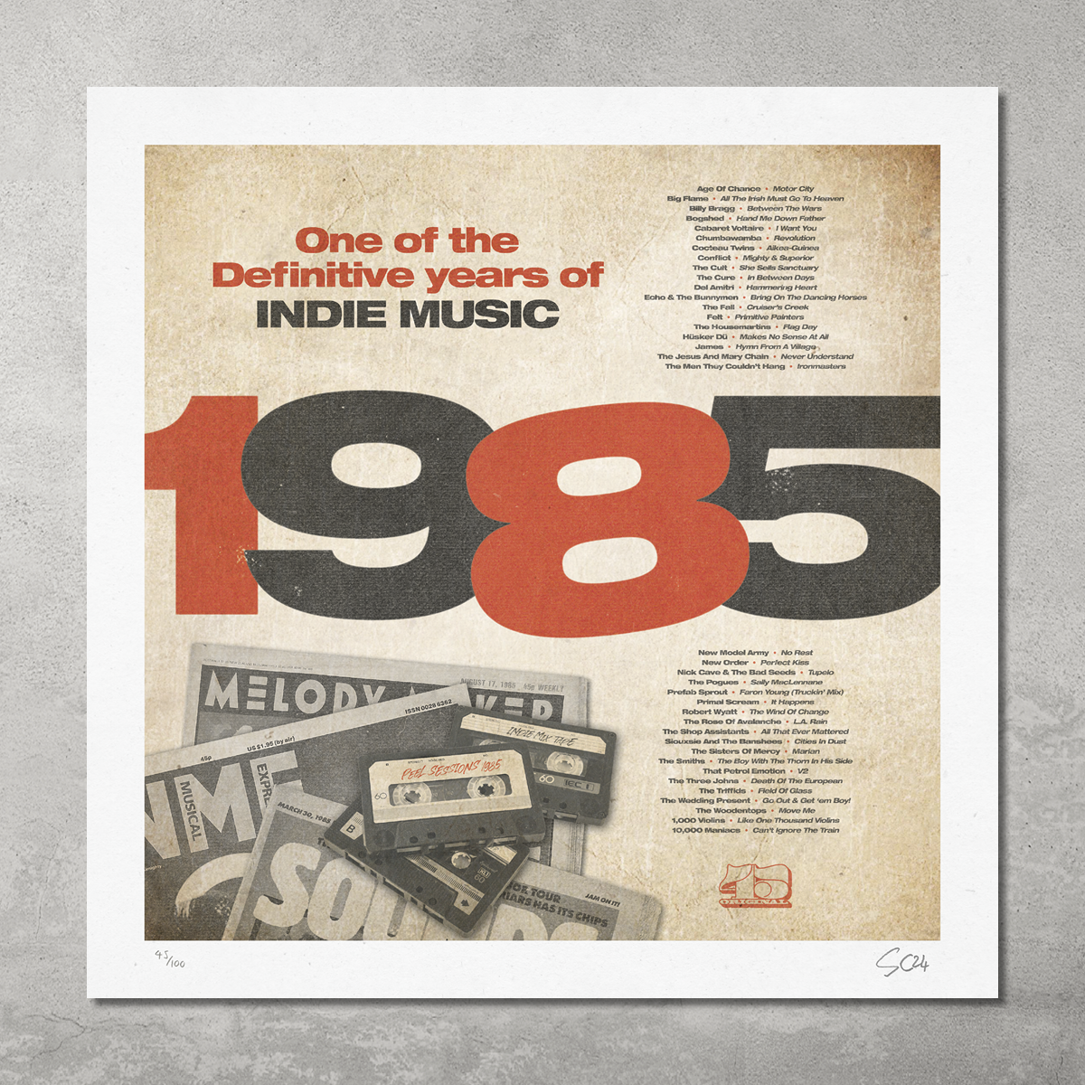 The 1985 – One of the Definitive Years of Indie Music Poster Print is a limited edition print of only 100, featuring song titles, artists, cassettes, and music magazines in bold red and black vintage style.