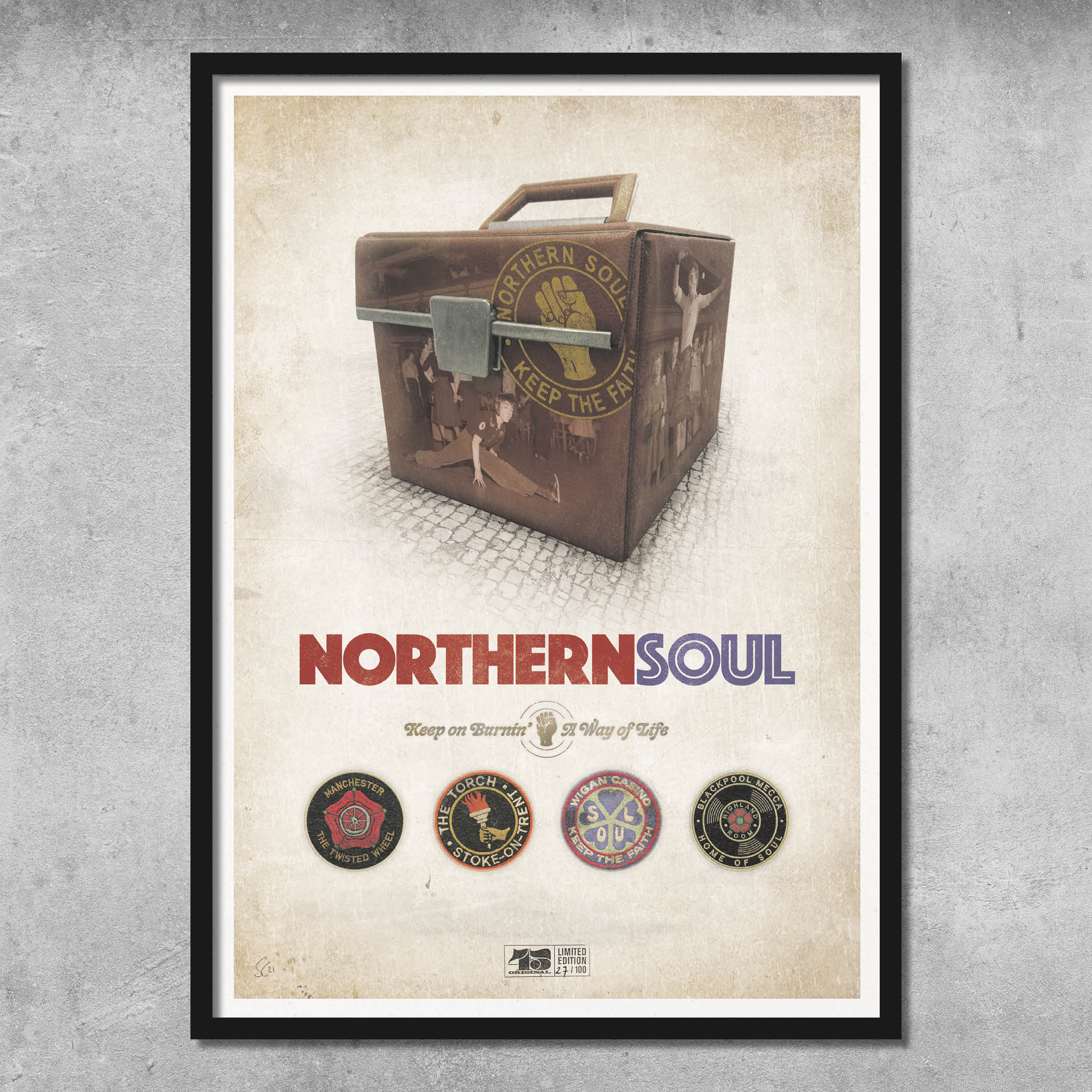 Northern Soul Poster Print - Limited Edition of Only 100 by My Store features Simon Collett’s worn brown record box and raised fist logo, with NORTHERN SOUL caption, badges, and mottos—perfect for Northern Soul Subculture Art Prints fans.