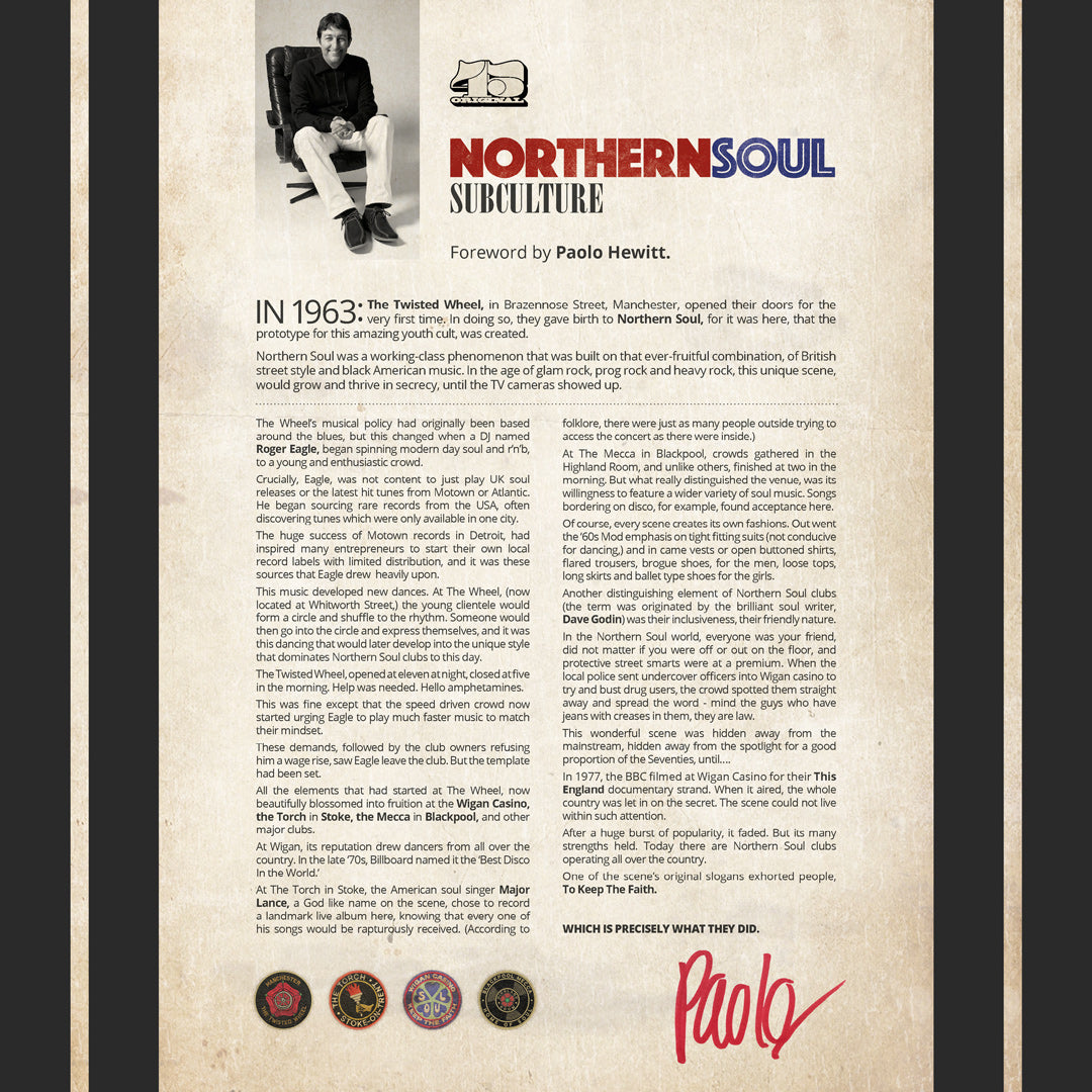 The Northern Soul Poster Print - Limited Edition of Only 100 by My Store features a vintage photo and Simon Collett’s text on the subculture’s Manchester roots, with five badges and prints decorating the bottom—signed by Paolo Hewitt.