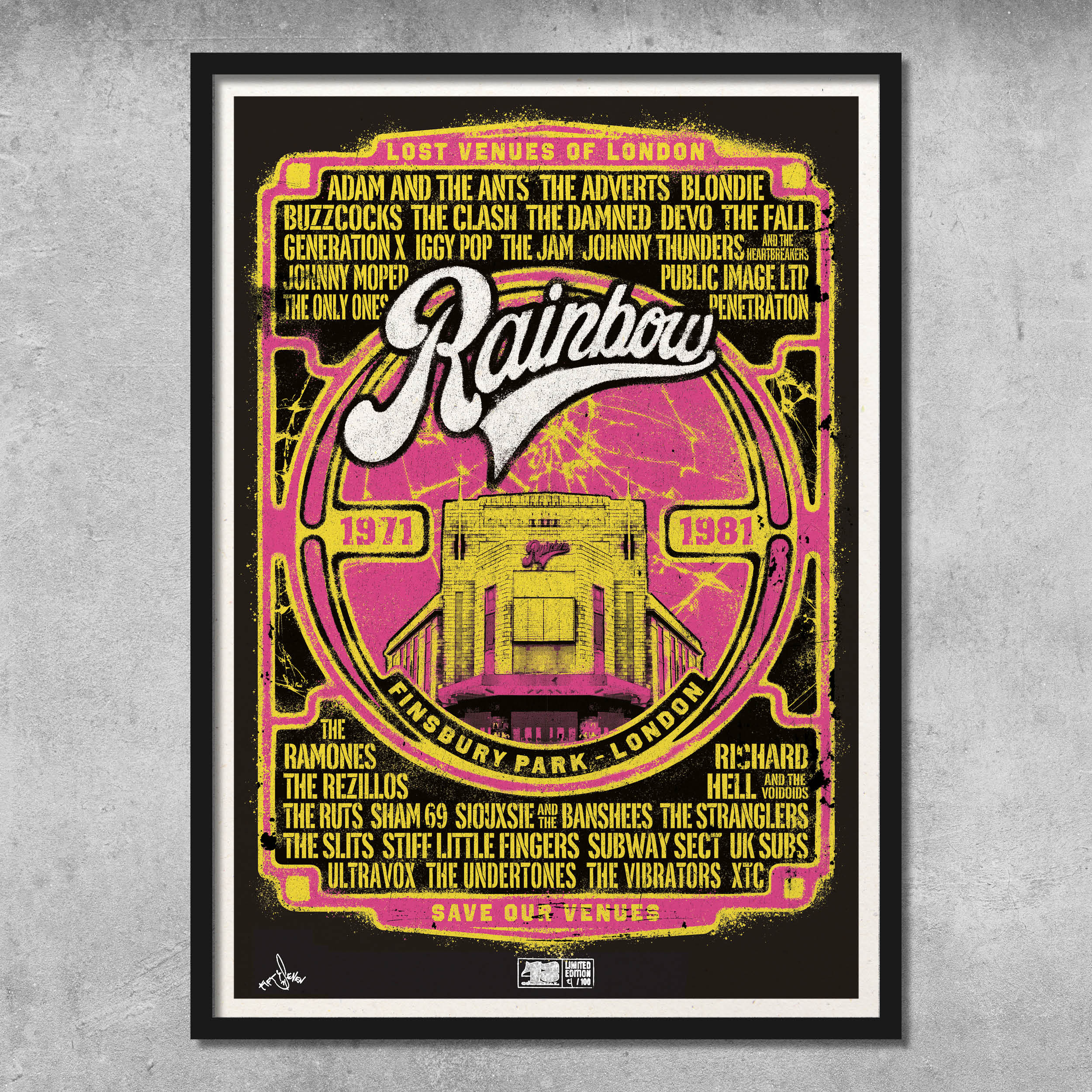 The Rainbow Punk Poster Print by My Store is a colorful, limited edition art print (only 100 made) featuring bold band names and a retro Rainbow Theatre design celebrating its Finsbury Park era (1971–1981).
