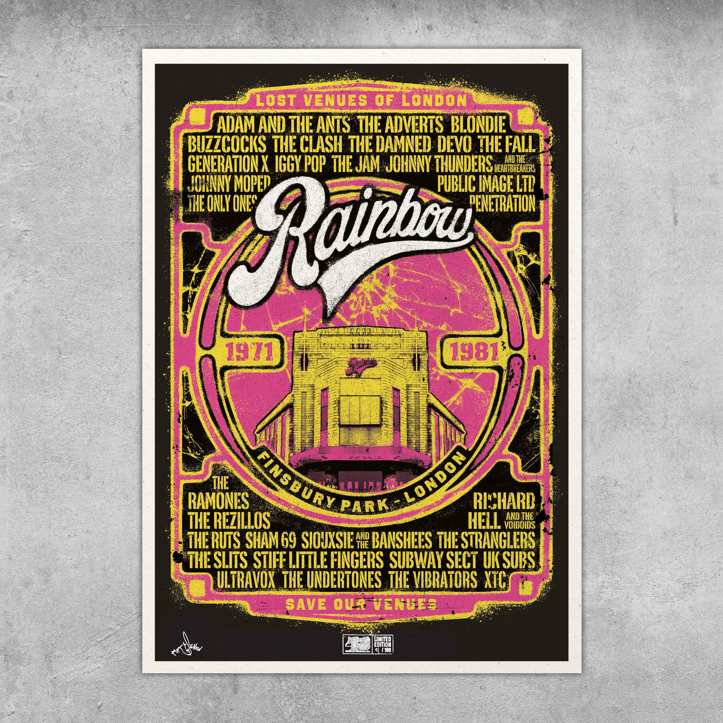 The Rainbow Punk Poster Print - Limited Edition of only 100 by My Store features a bold pink and yellow design with venue artwork, event years (1971-1981), and iconic punk and rock bands from the Rainbow Theatre in London.