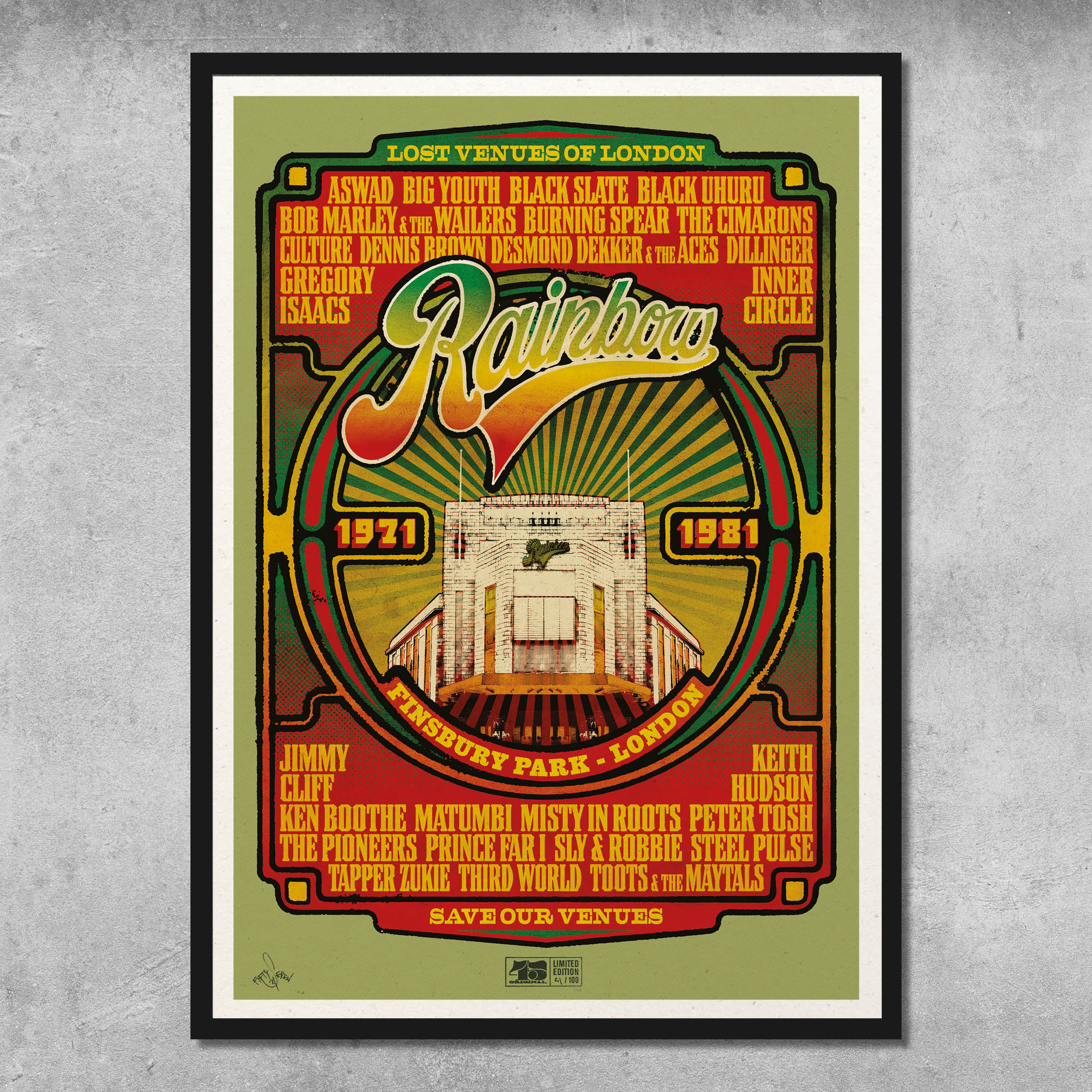 The Rainbow Reggae Poster Print by My Store is a limited edition of 100, showcasing bold, colorful text and a venue illustration from the Rainbow Theatre, Finsbury Park (1971-1981), featuring legends like Bob Marley and Burning Spear.