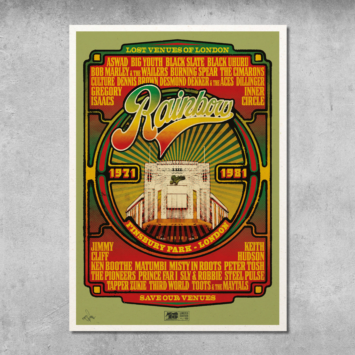 The Rainbow Reggae Poster Print by My Store is a limited edition of only 100, featuring vintage style, retro fonts, the Rainbow Theatre (Finsbury Park, London), and legends from the Rainbow Reggae Retrospective.